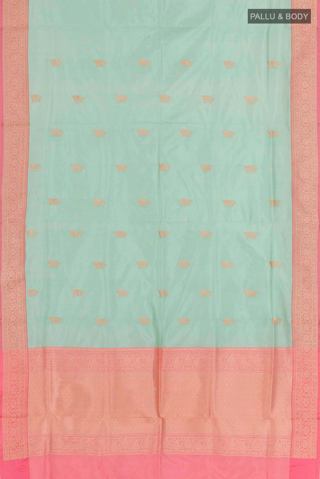 Flat view of Light Blue Banarasi Katan Silk Saree with Zari Butta on the body and Zari Border