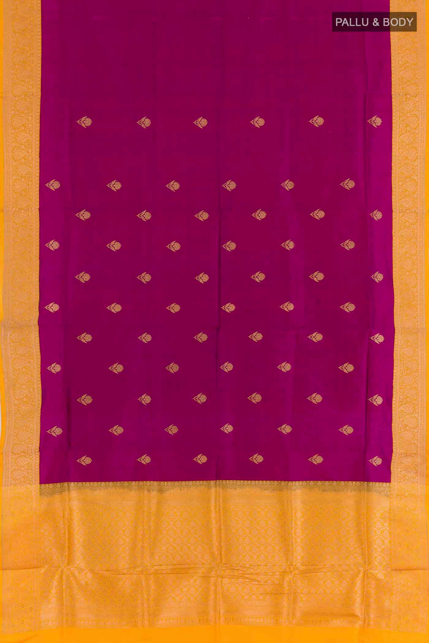Flat view of Magenta Banarasi Katan Silk Saree with Zari Butta on the body and Zari Border