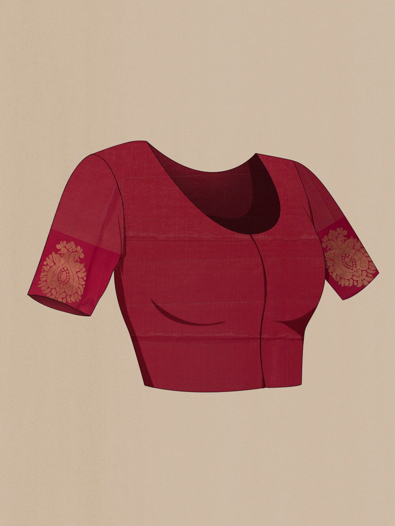 Close up image of the blouse of Maroon Kanchipuram Silk Saree with Zari Butta on the body and Zari Border. 