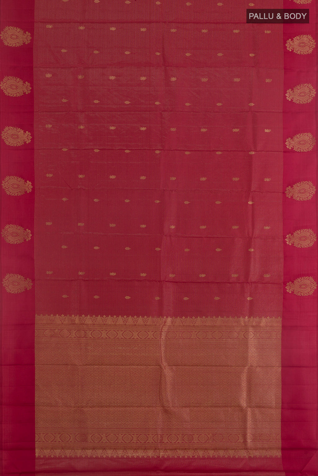 Flat view of Maroon Kanchipuram Silk Saree with Zari Butta on the body and Zari Border. 