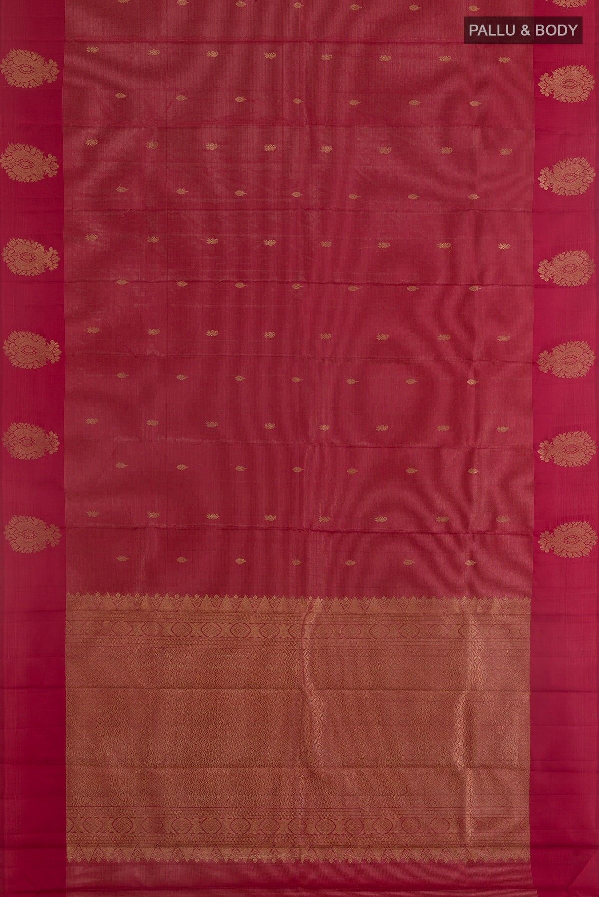 Flat view of Maroon Kanchipuram Silk Saree with Zari Butta on the body and Zari Border. 