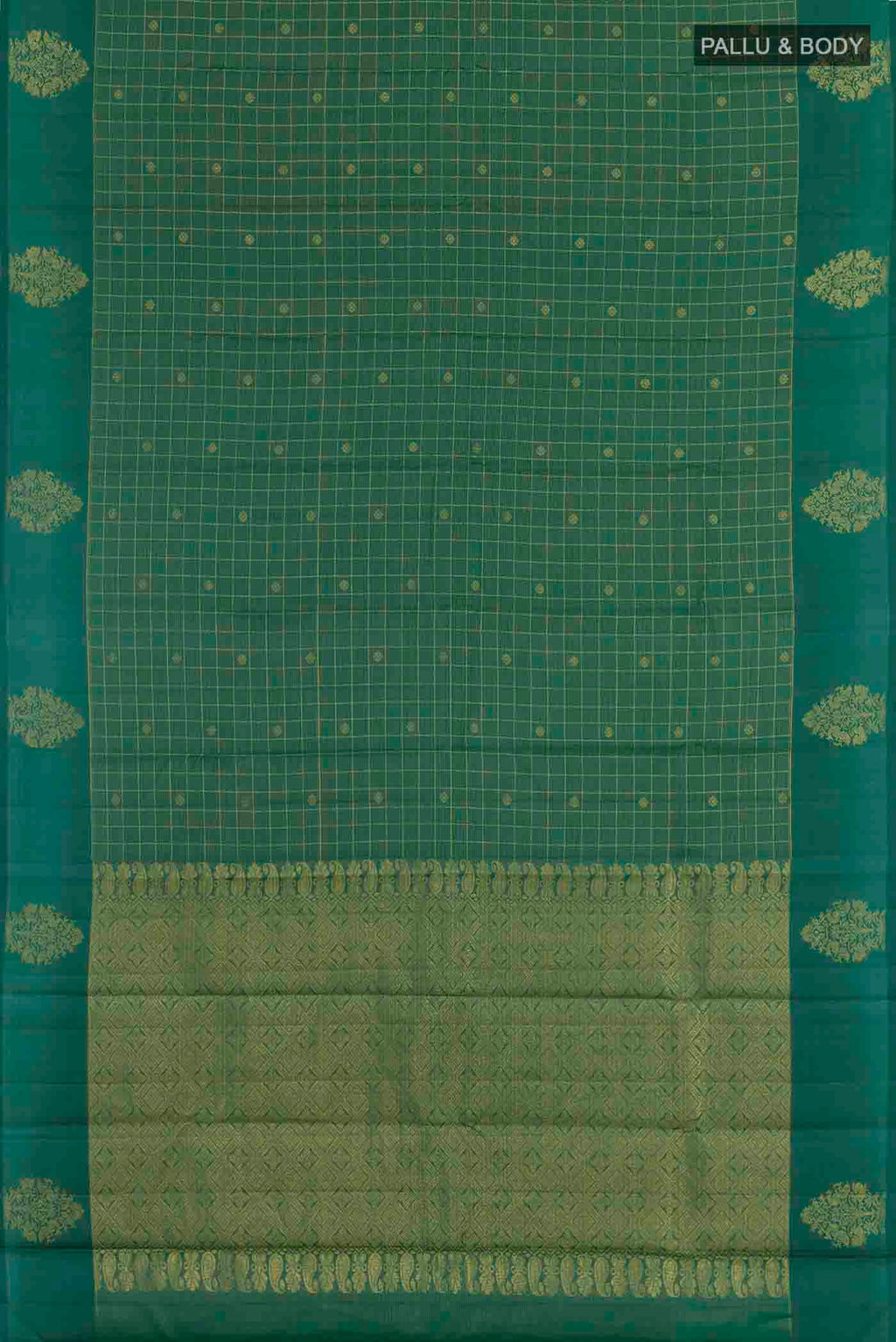 Flat view of Bottle Green Kanchipuram Silk Saree with Zari Butta on the body and Zari Border