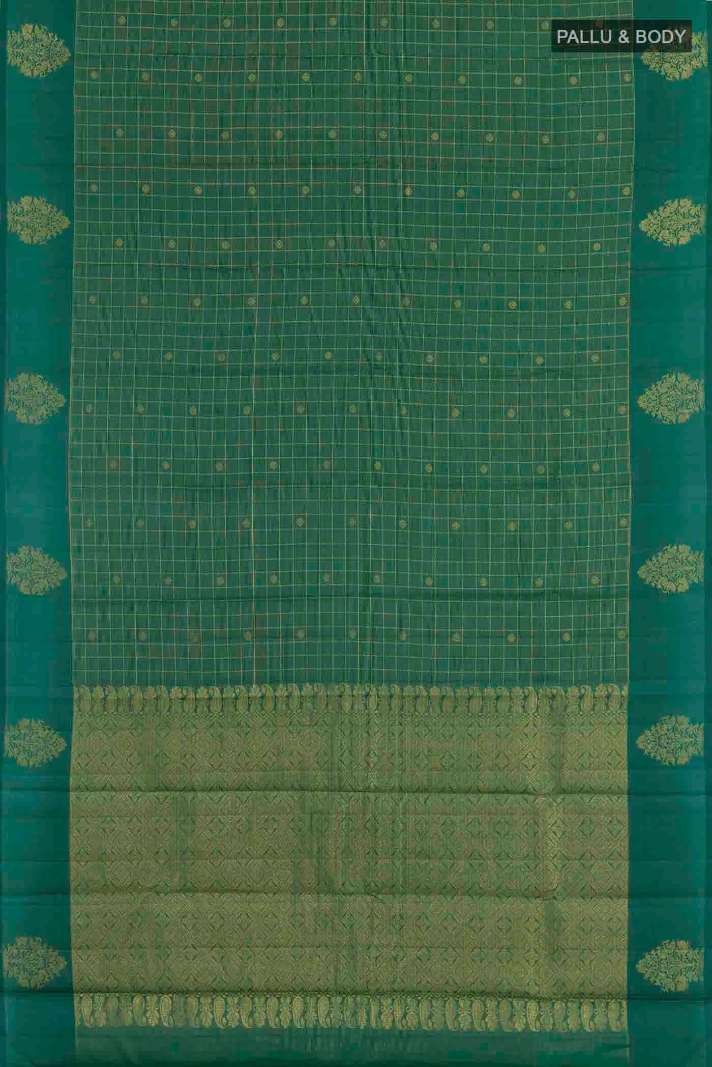 Flat view of Bottle Green Kanchipuram Silk Saree with Zari Butta on the body and Zari Border
