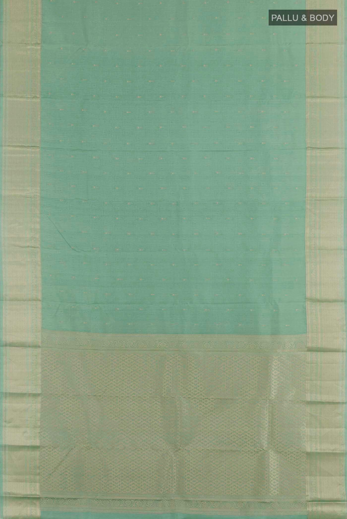 Flat view of Sage Green Kanchipuram Silk Saree with Jacquard With Zari Butta on the body and Zari Border