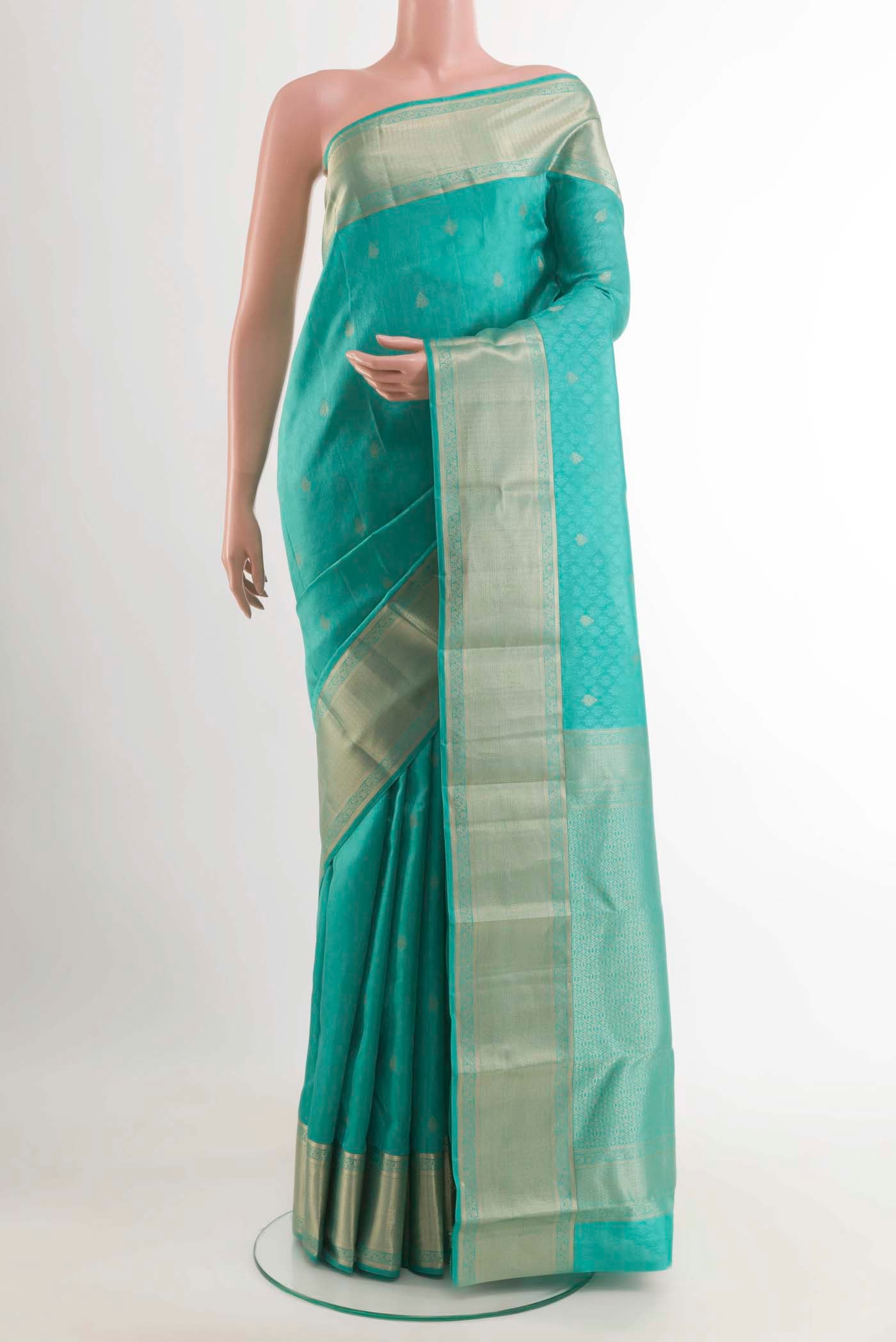 Blue Kanchipuram Silk Saree with Jacquard With Zari Butta on the body and Zari Border displayed on a mannequin