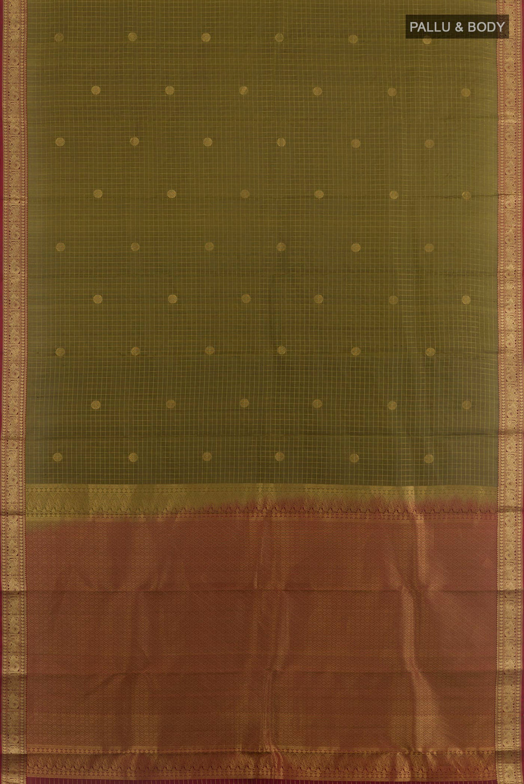Flat view of Mehandi Green Kanjivaram Silk Saree with Checked design on the body and Zari Border. 