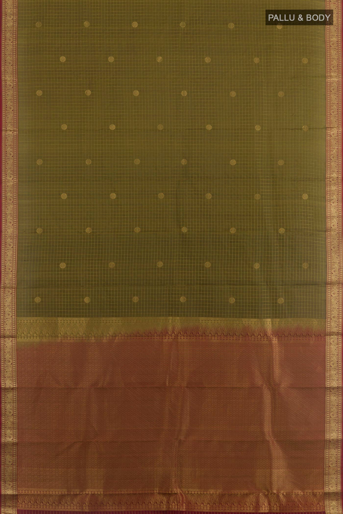 Flat view of Mehandi Green Kanjivaram Silk Saree with Checked design on the body and Zari Border. 