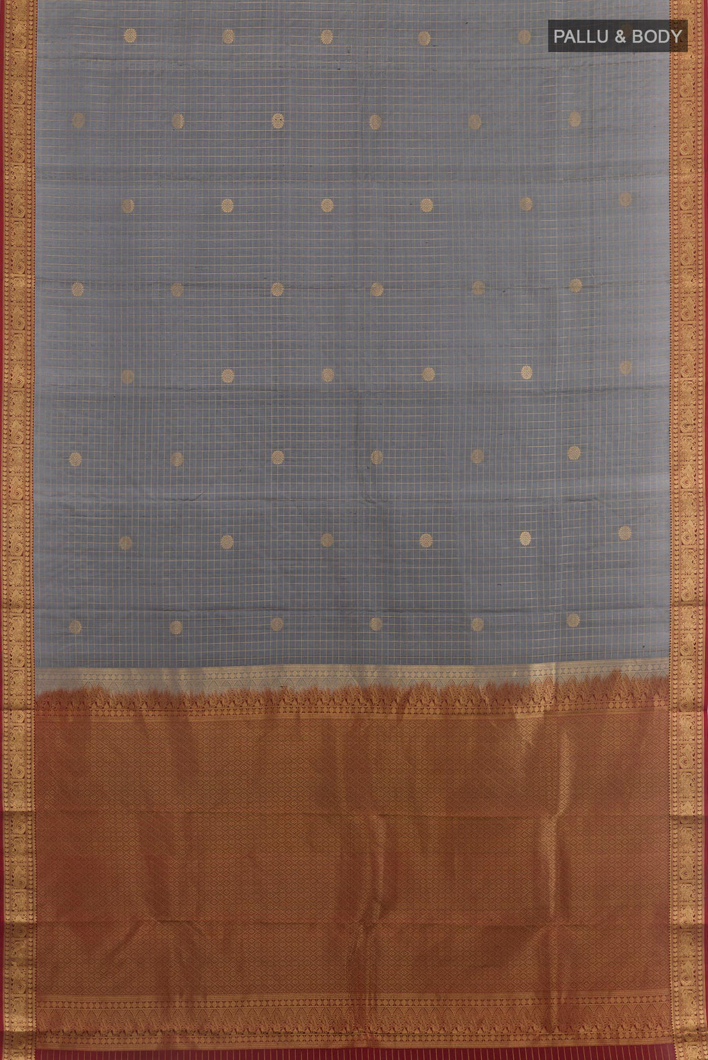 Flat view of Grey Kanjivaram Silk Saree with Checked design on the body and Zari Border. 