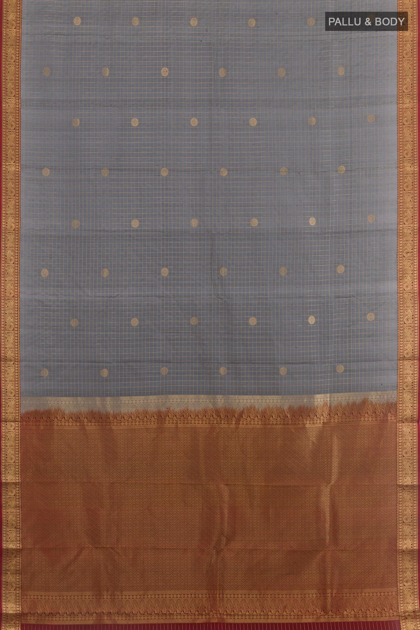 Flat view of Grey Kanjivaram Silk Saree with Checked design on the body and Zari Border. 