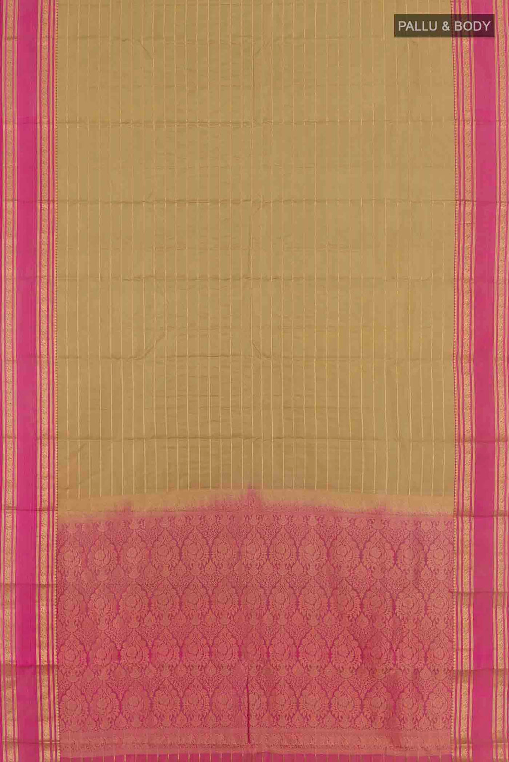 Flat view of Sage Green Kanchipuram Silk Saree with Stripes on the body and Zari Border