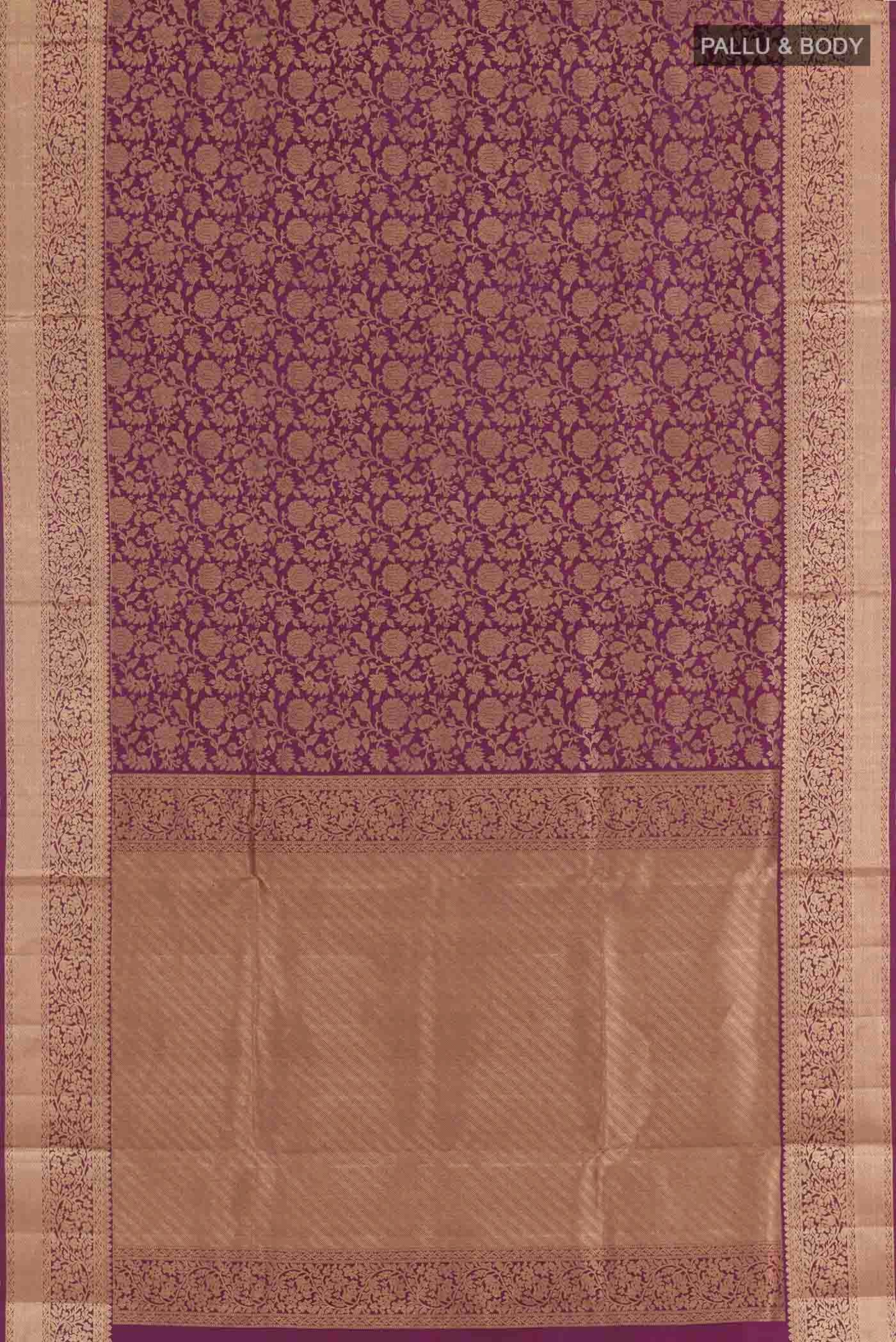 Flat view of Purple Soft Silk Saree with Zari Brocade on the body and Zari Border