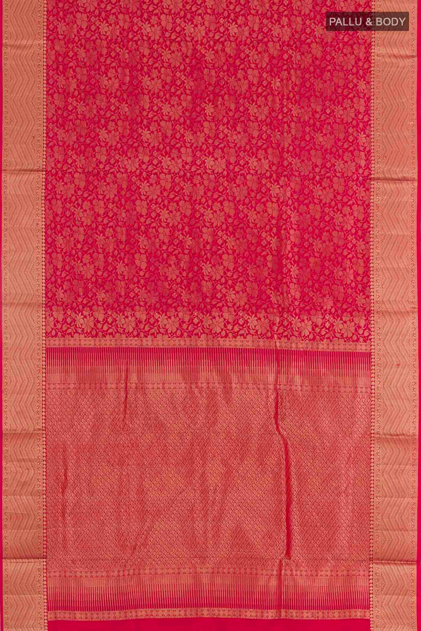 Flat view of Dark Pink Soft Silk Saree with Zari Brocade on the body and Zari Border