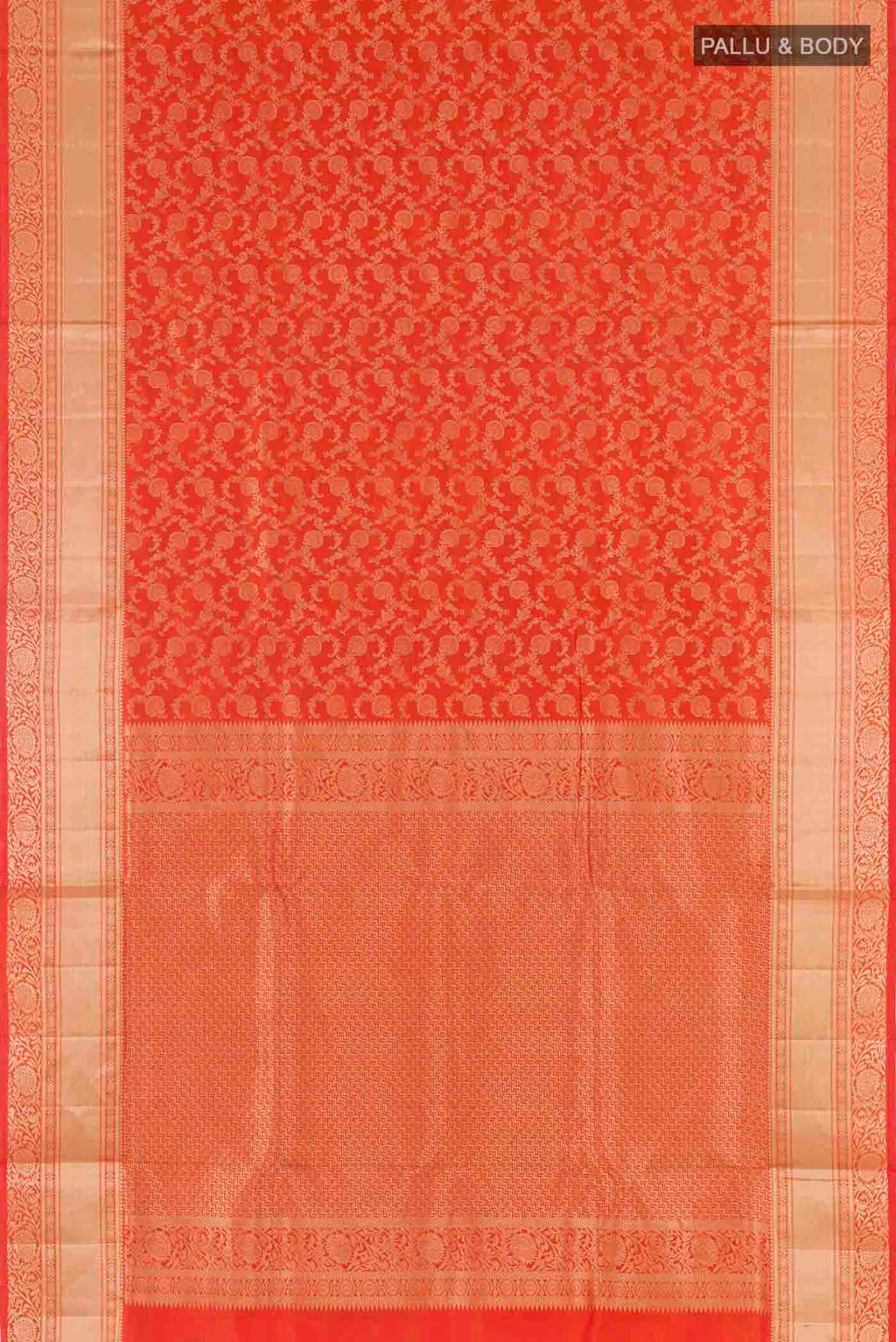 Flat view of Orange Soft Silk Saree with Zari Brocade on the body and Zari Border
