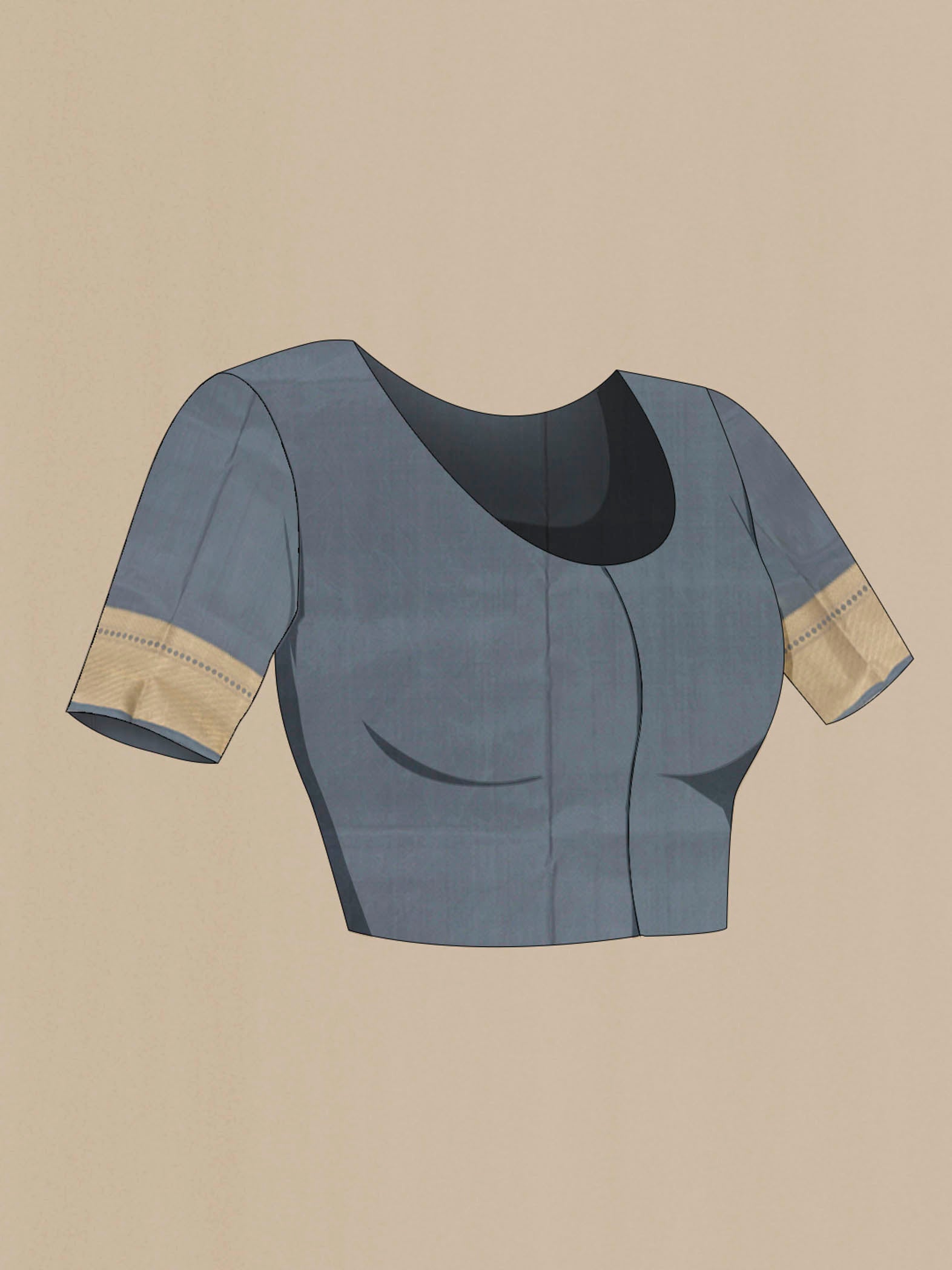 Close up image of the blouse of Grey Soft Silk Saree with Zari Brocade on the body and Zari Border