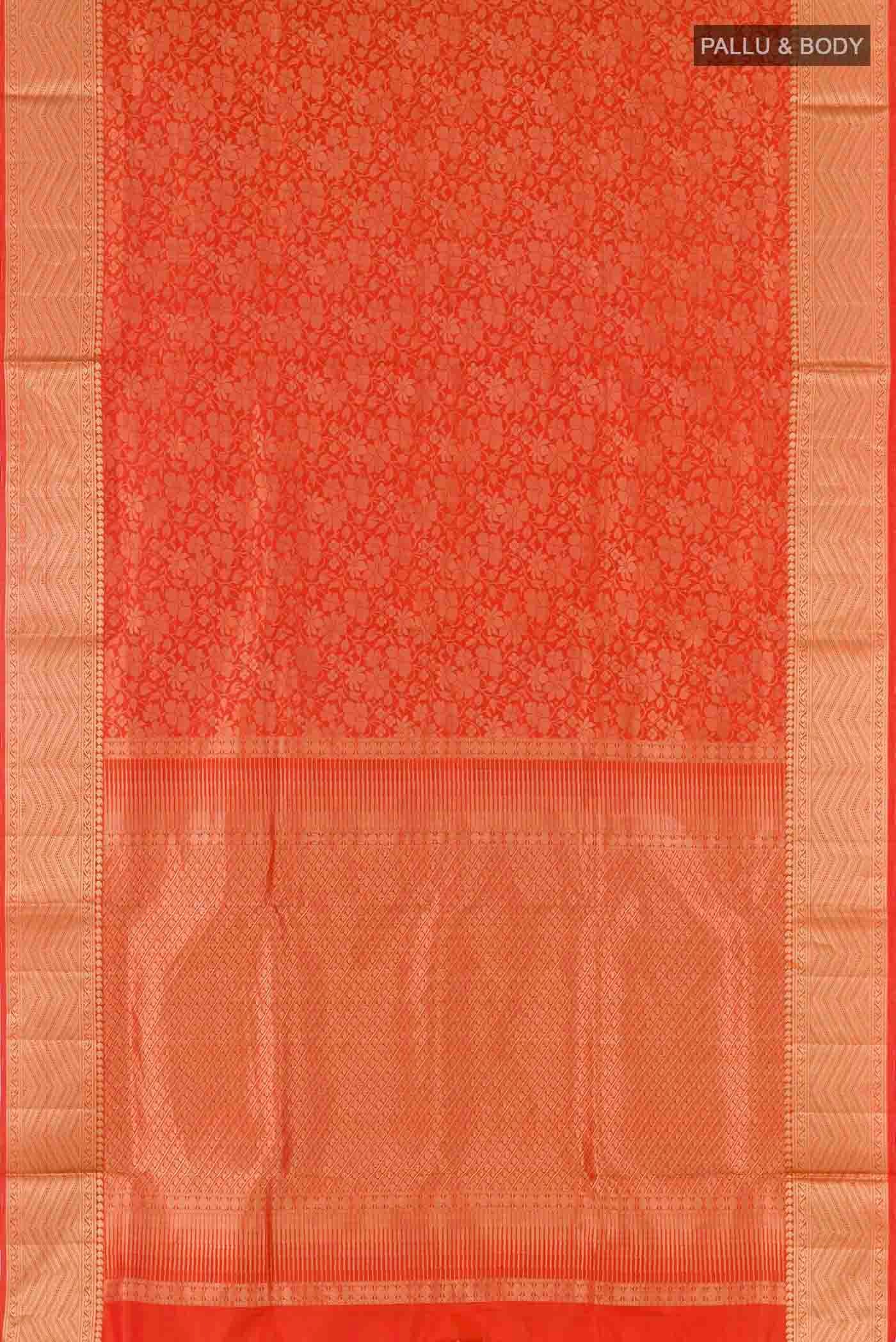 Flat view of Orange Soft Silk Saree with Zari Brocade on the body and Zari Border
