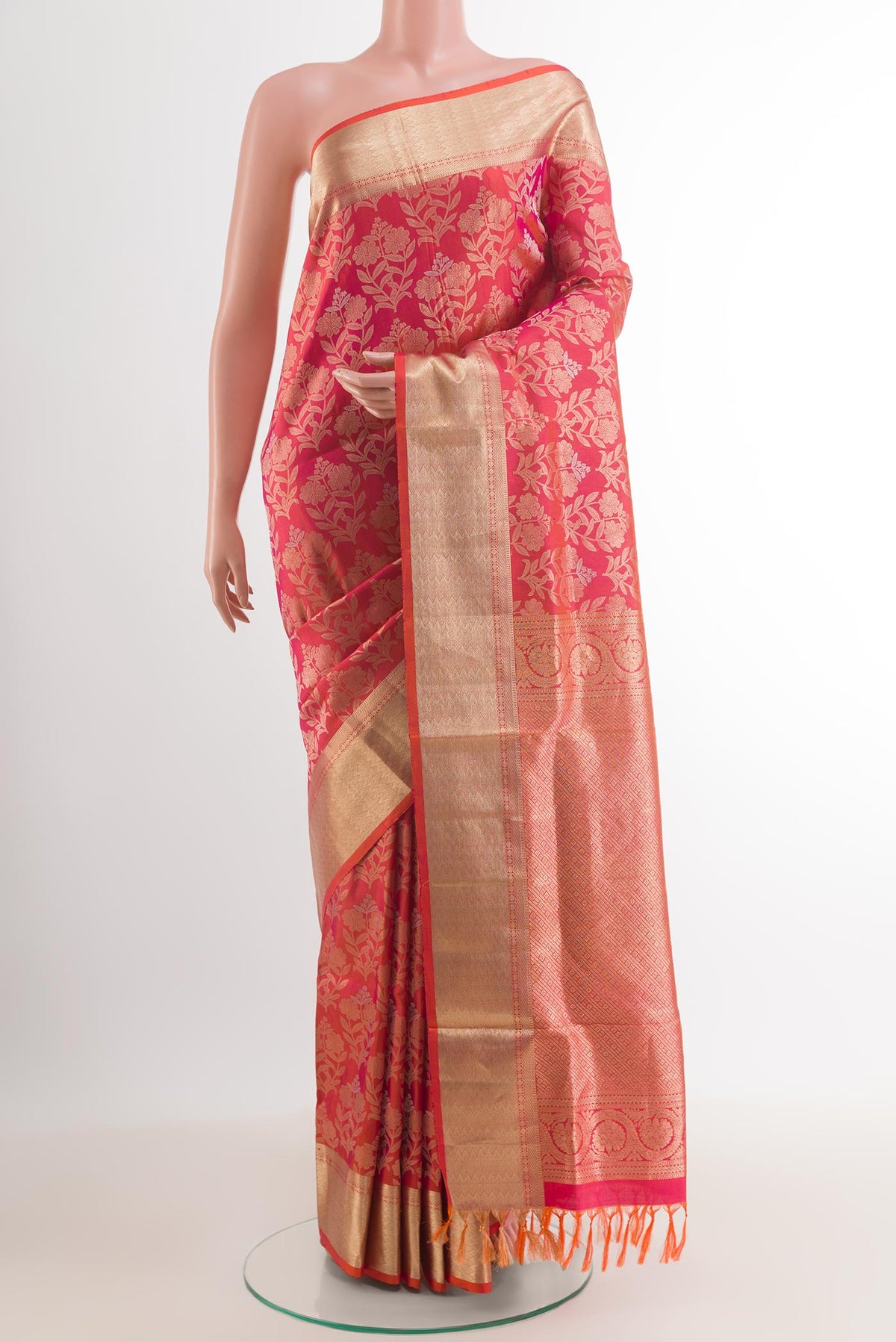 Pink Dual Tone Soft Silk Saree with Zari Brocade on the body and Zari Border.  displayed on a mannequin