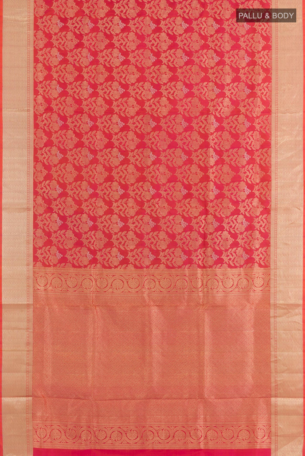 Flat view of Pink Dual Tone Soft Silk Saree with Zari Brocade on the body and Zari Border. 