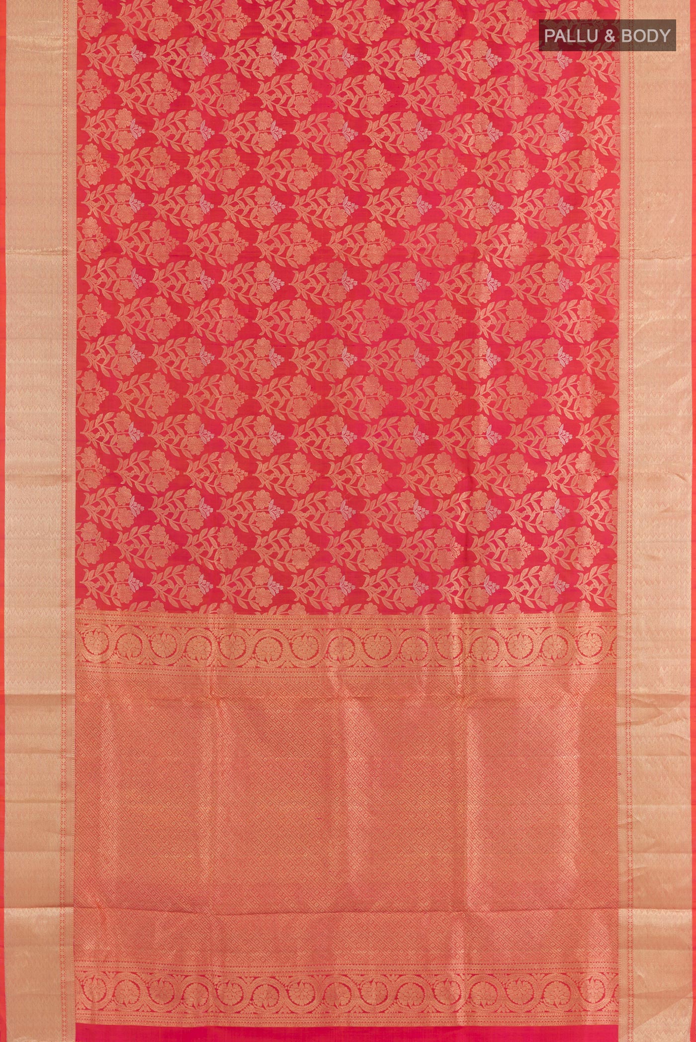 Flat view of Pink Dual Tone Soft Silk Saree with Zari Brocade on the body and Zari Border. 