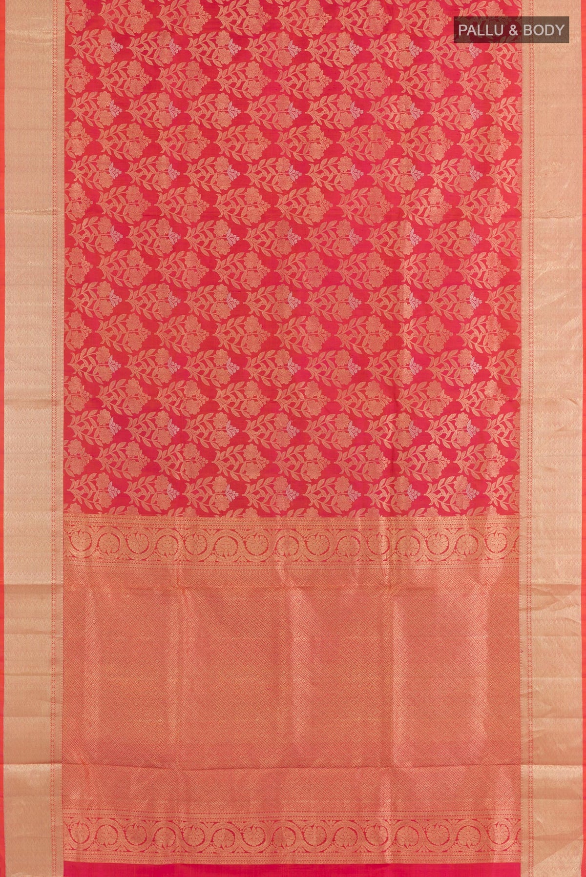 Flat view of Pink Dual Tone Soft Silk Saree with Zari Brocade on the body and Zari Border. 