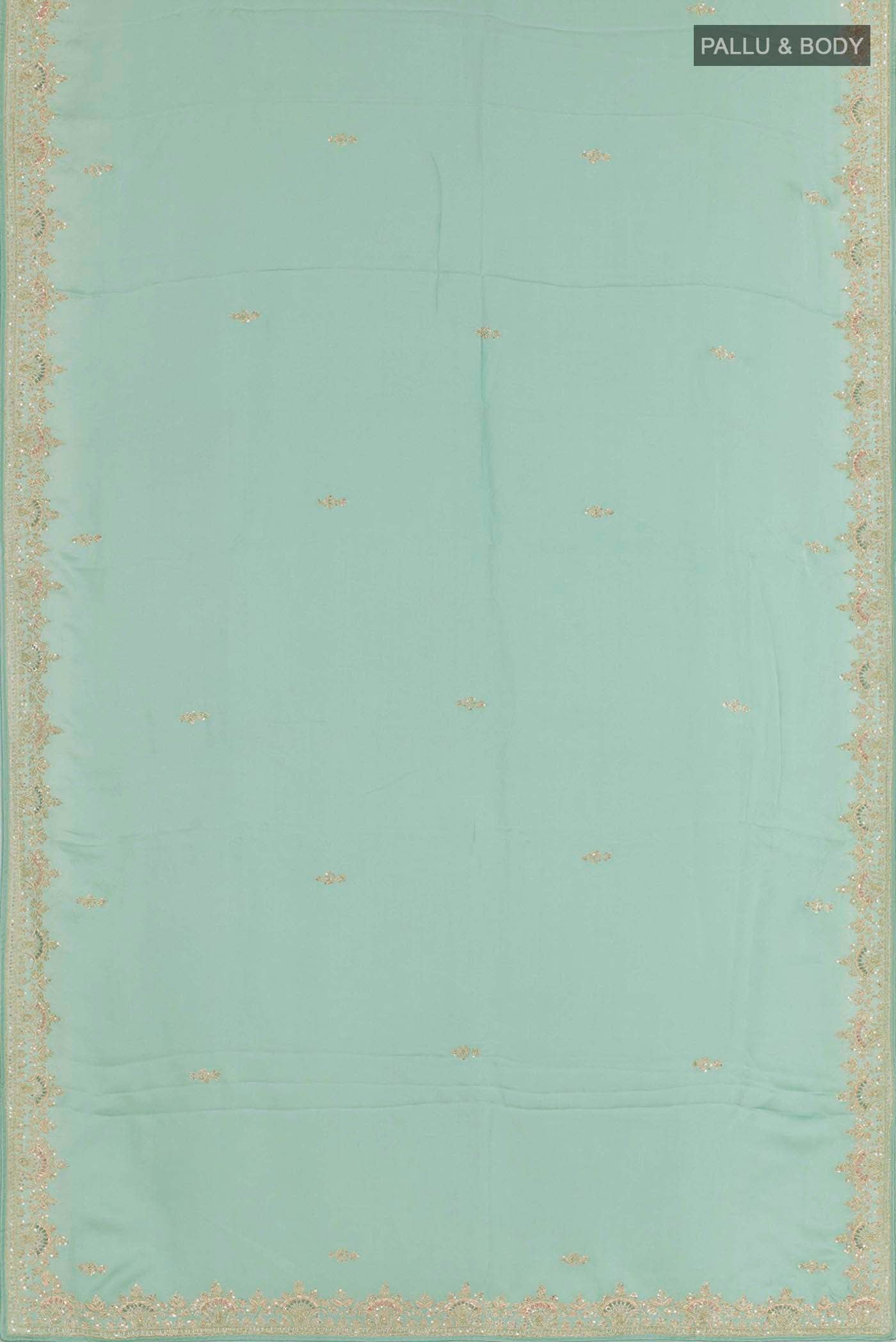 Flat view of Blue Satin Crepe Saree with Embroidery on the body and Embroidery Border