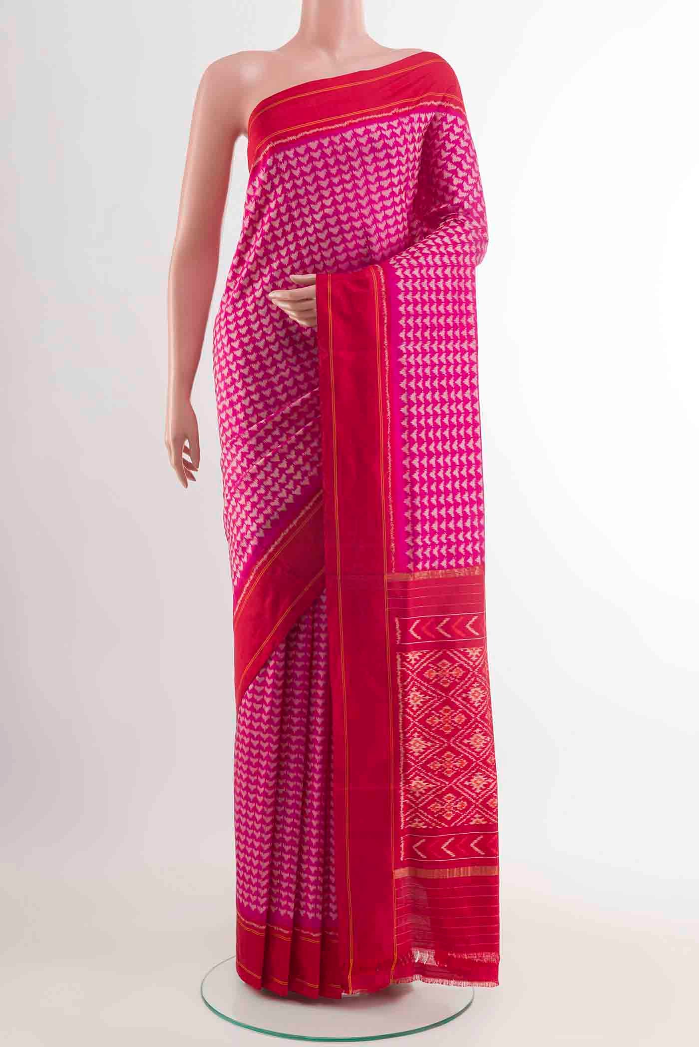 Pink Pochampally Silk Saree with Pure Ikat on the body and Zari Border displayed on a mannequin