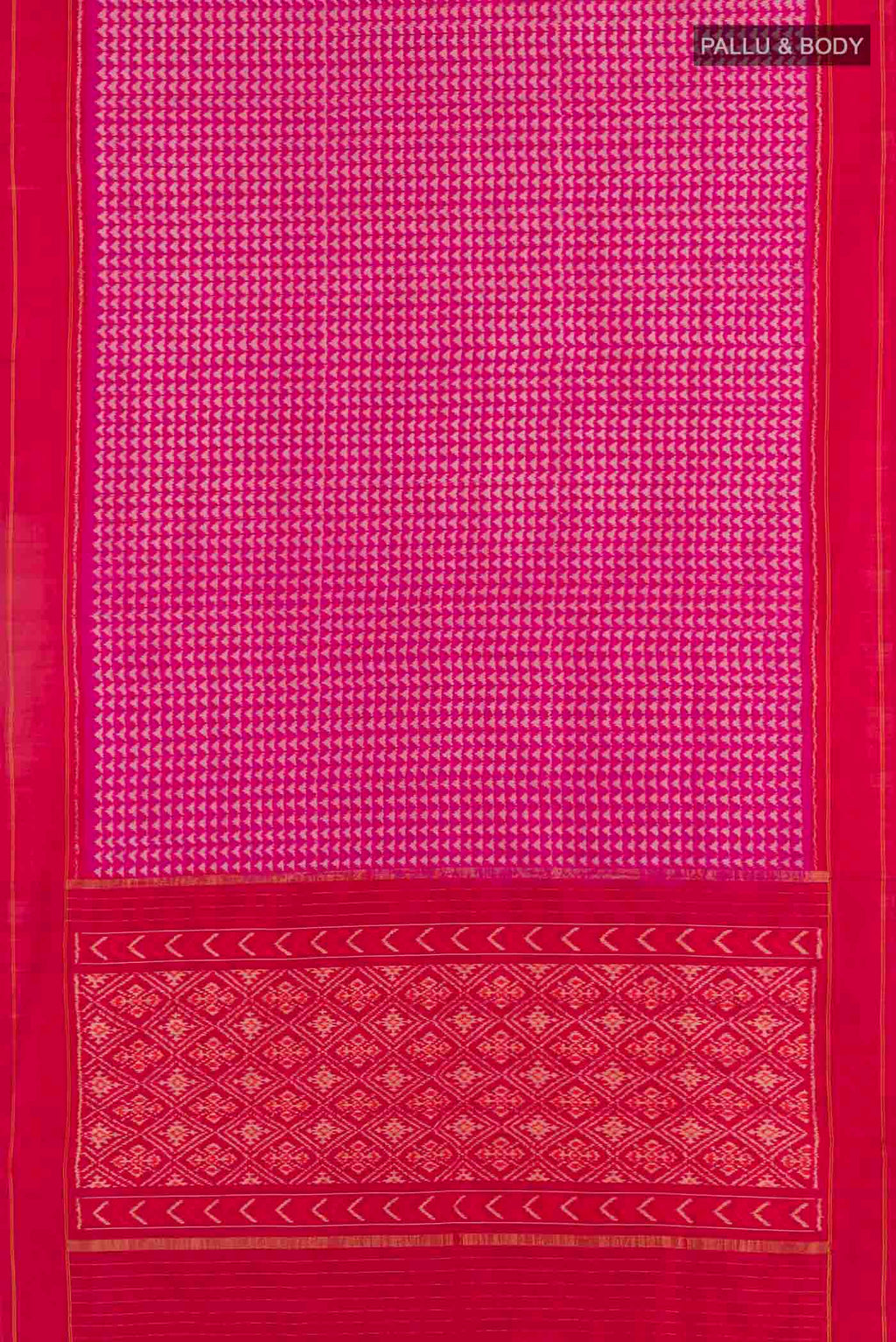 Flat view of Pink Pochampally Silk Saree with Pure Ikat on the body and Zari Border