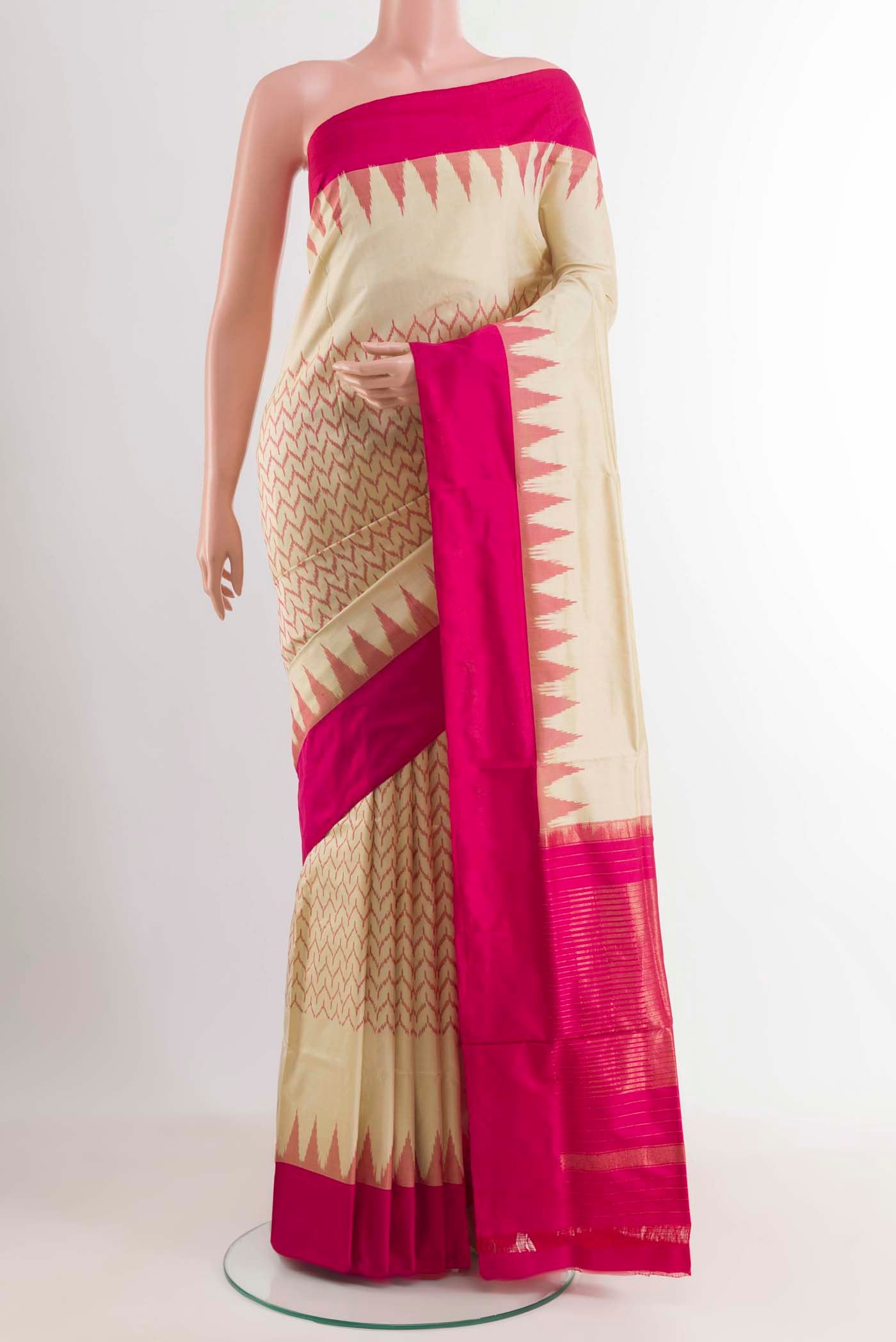 Cream Pochampally Silk Saree with Pure Ikat on the body and Zari Border displayed on a mannequin