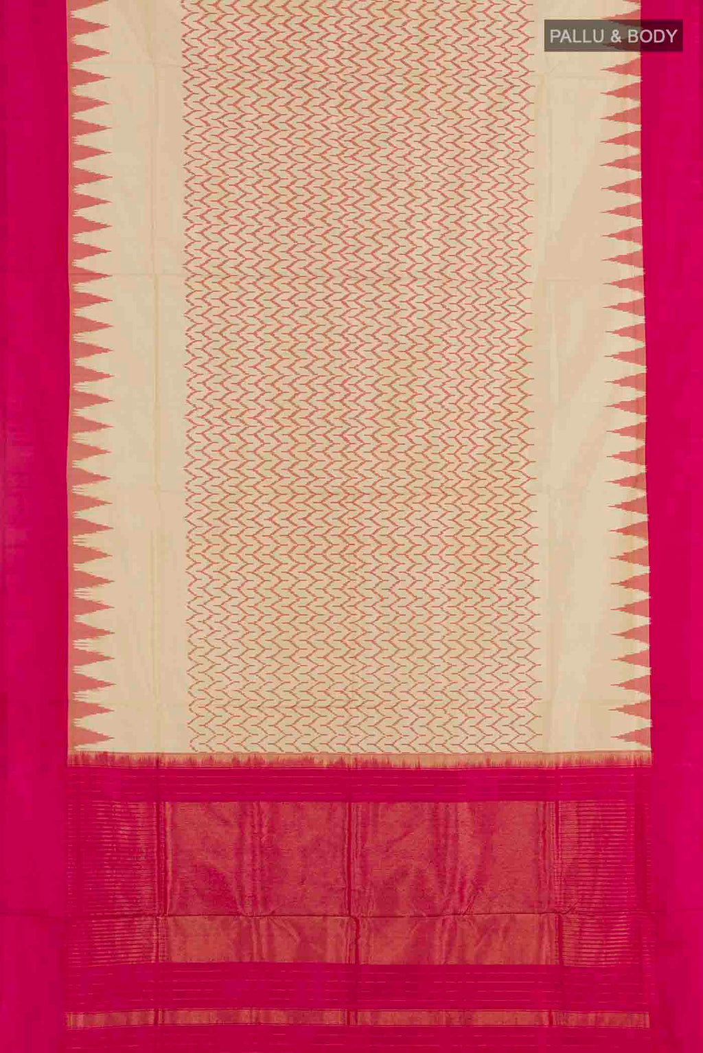 Close up image of the pallu of Cream Pochampally Silk Saree with Pure Ikat on the body and Zari Border