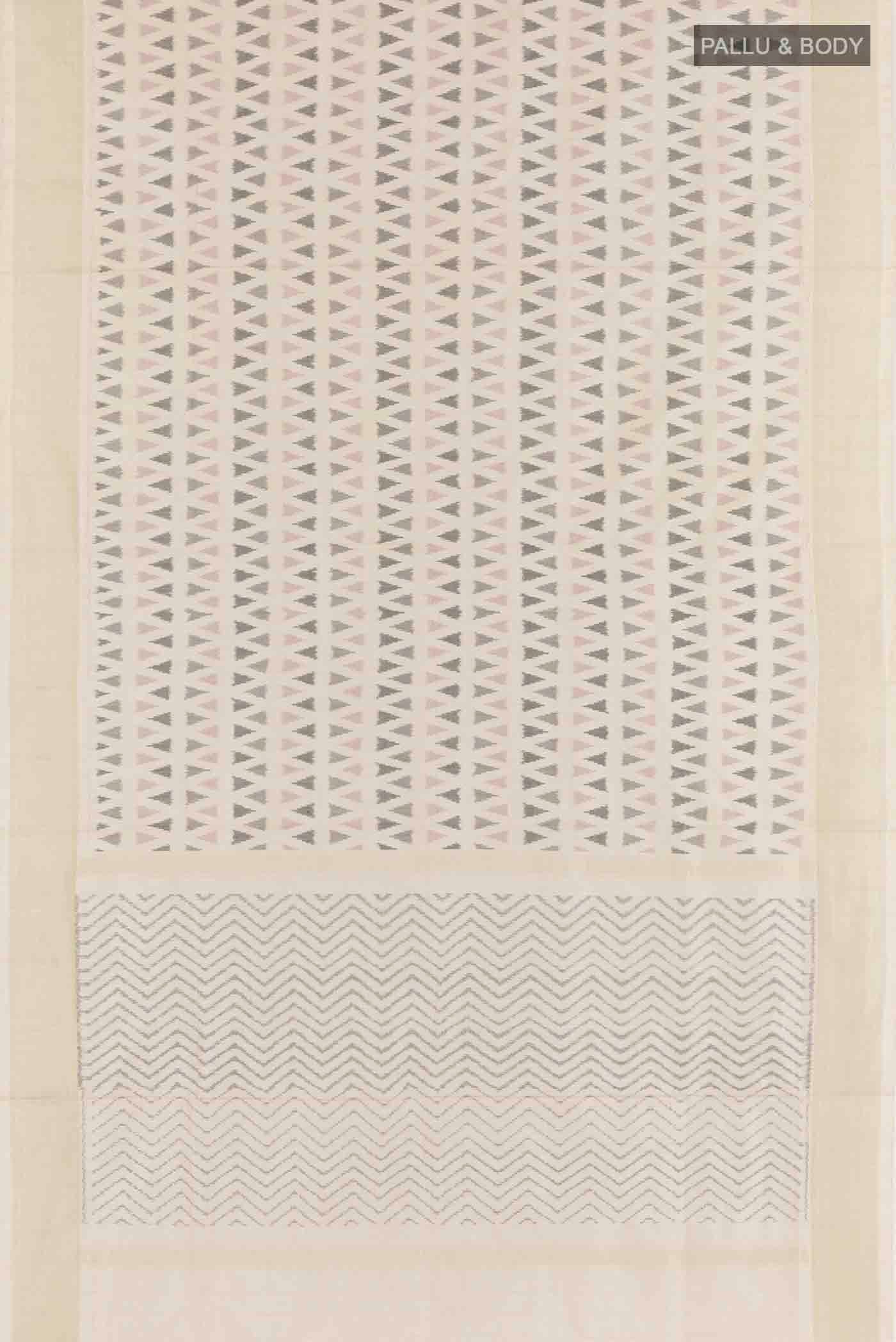 Flat view of Off White Pochampally Silk Saree with Pure Ikat on the body and Zari Border