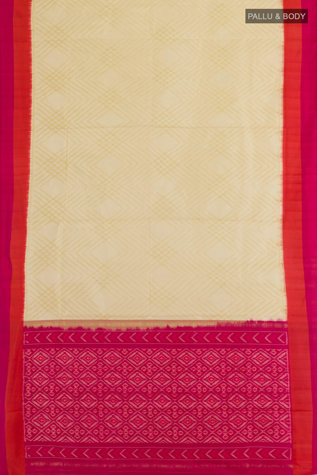Flat view of Cream Pochampally Silk Saree with Pure Ikat on the body and Plain Border. 