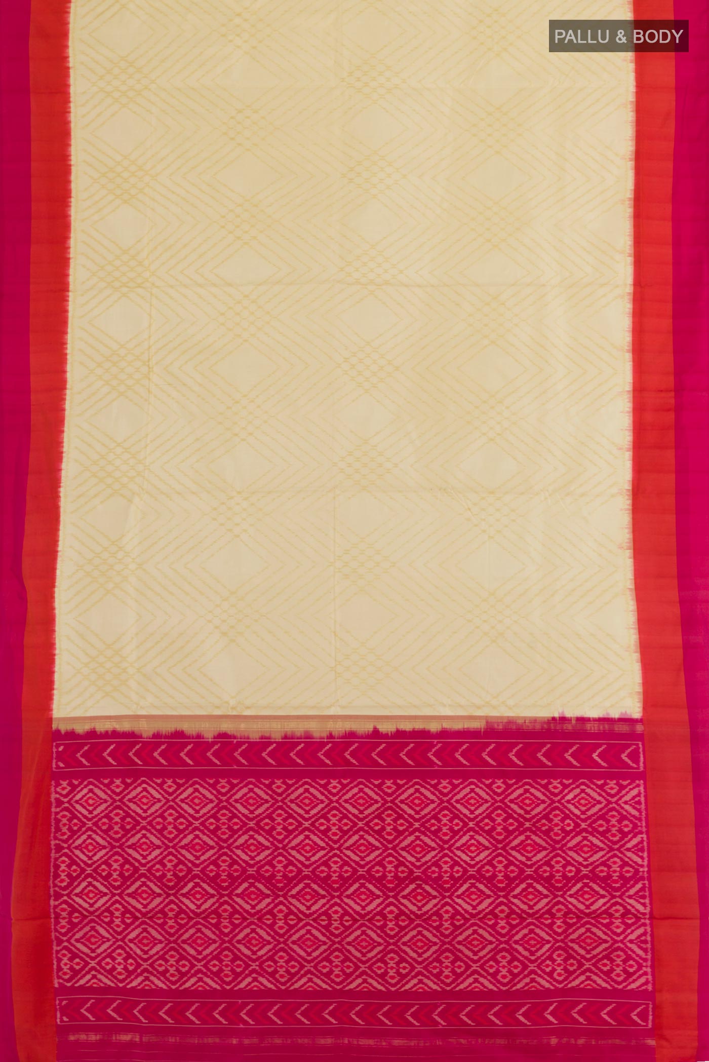 Flat view of Cream Pochampally Silk Saree with Pure Ikat on the body and Plain Border. 