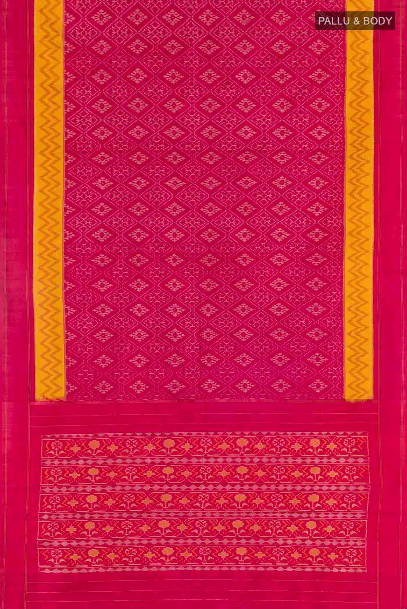 Flat view of Pink Pochampally Silk Saree with Pure Ikat on the body and Plain Border