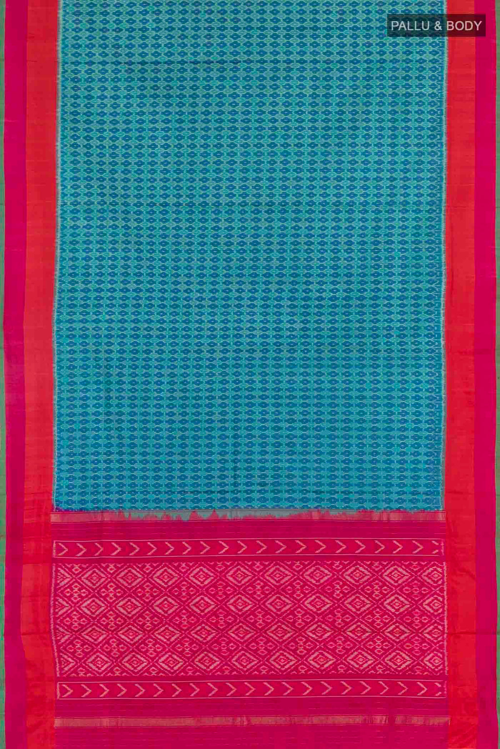 Flat view of Blue Pochampally Silk Saree with Pure Ikat on the body and Zari Border