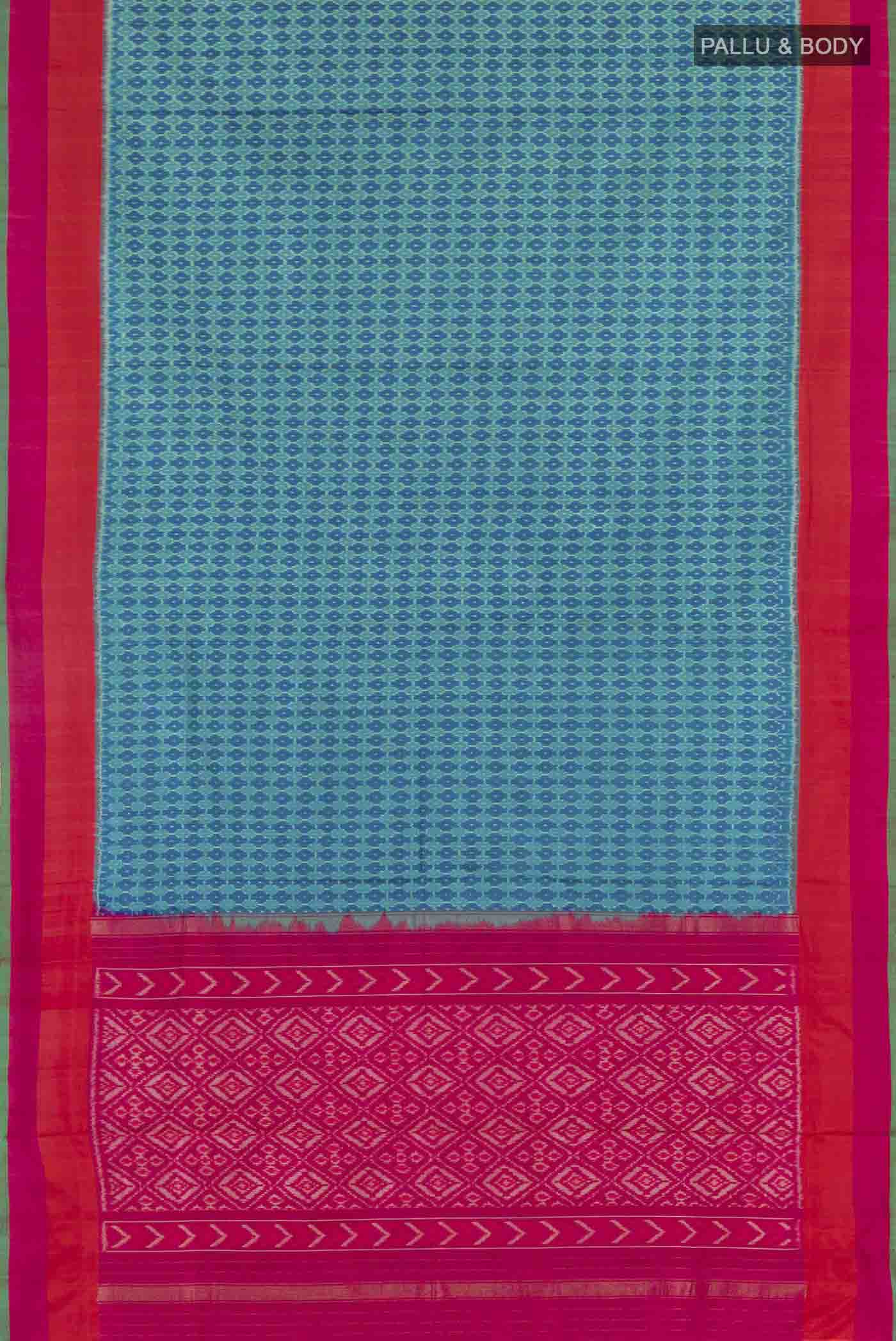 Flat view of Blue Pochampally Silk Saree with Pure Ikat on the body and Zari Border