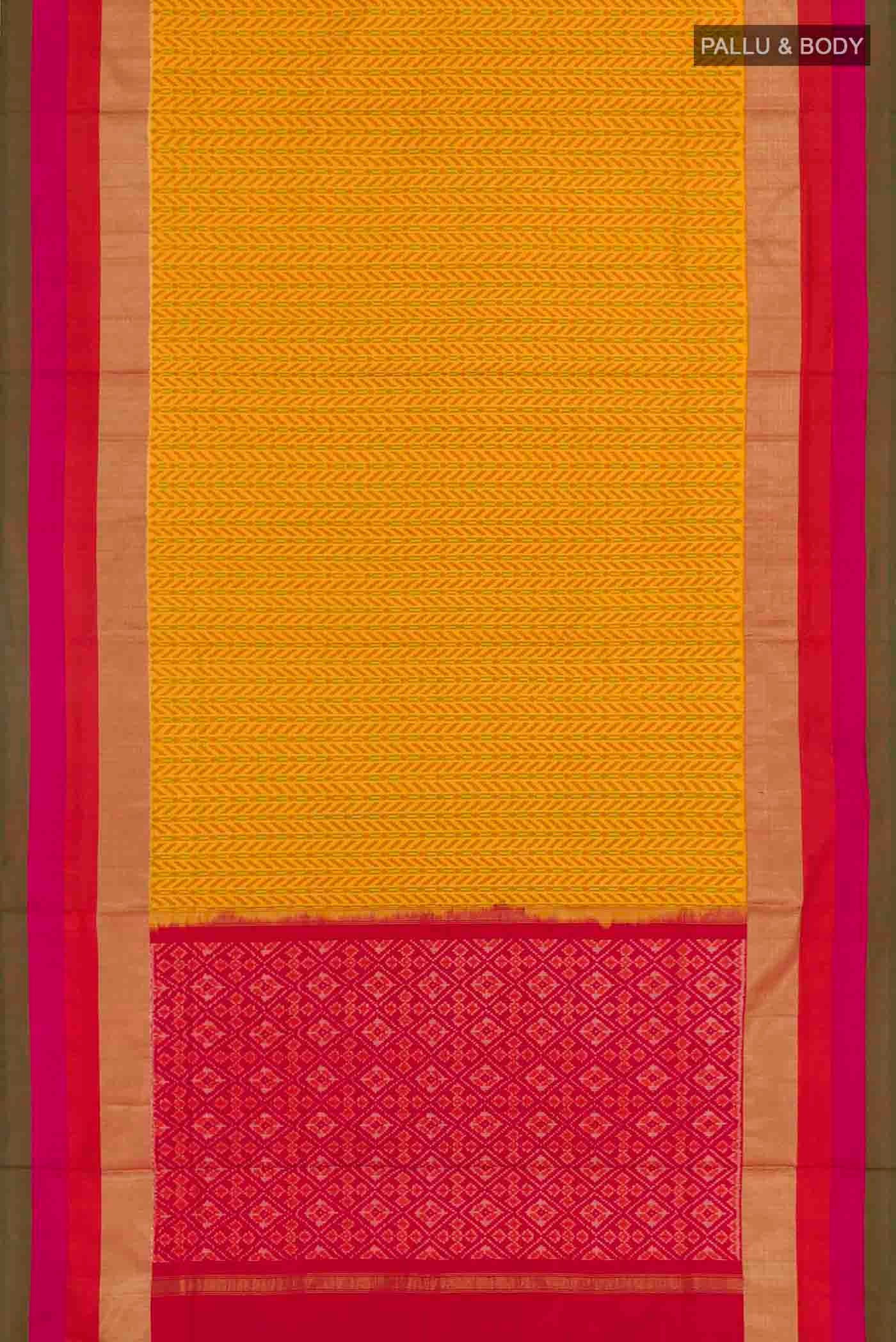 Flat view of Mustard Pochampally Silk Saree with Pure Ikat on the body and Zari Border
