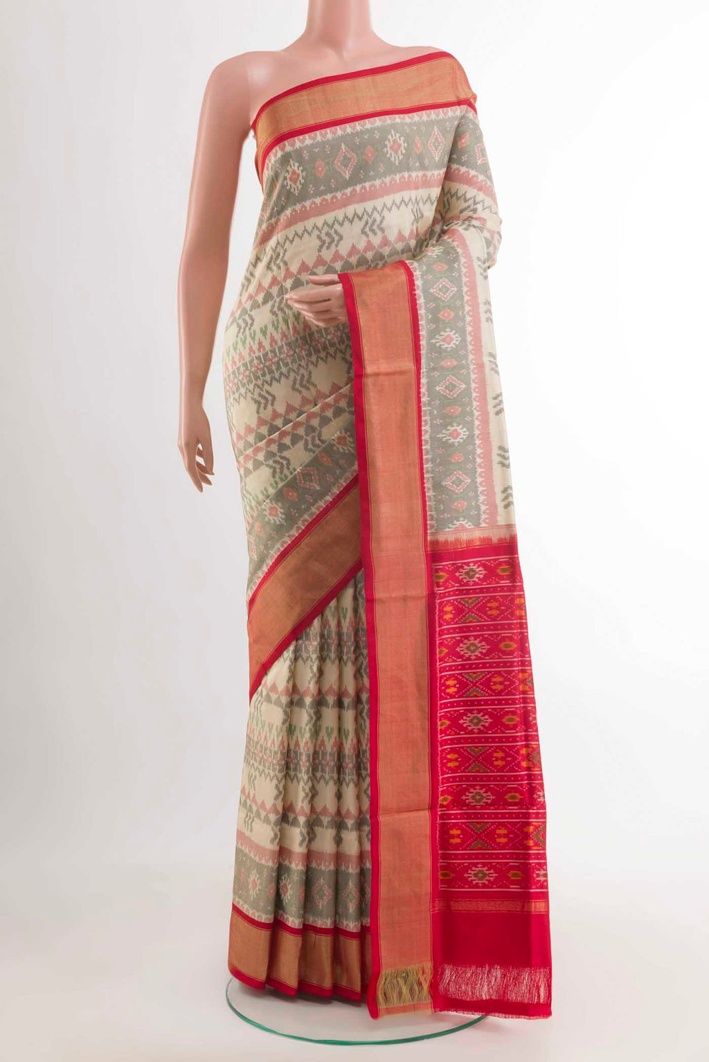 Cream Pochampally Silk Saree with Pure Ikat on the body and Zari Border displayed on a mannequin