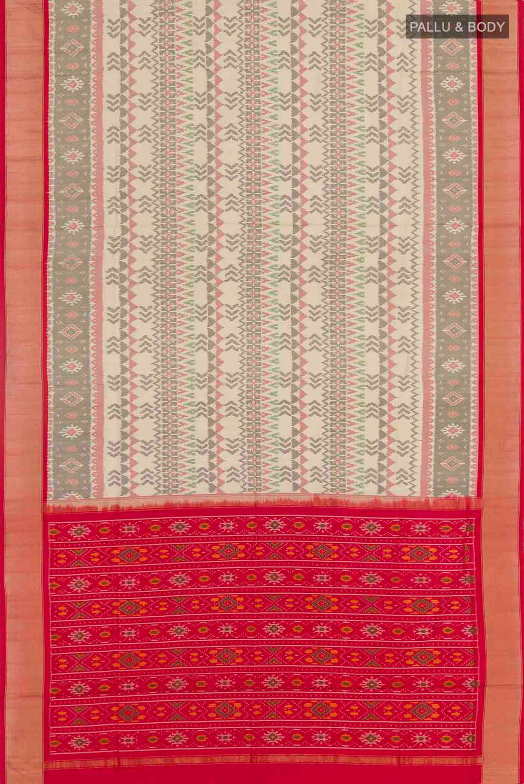 Flat view of Cream Pochampally Silk Saree with Pure Ikat on the body and Zari Border