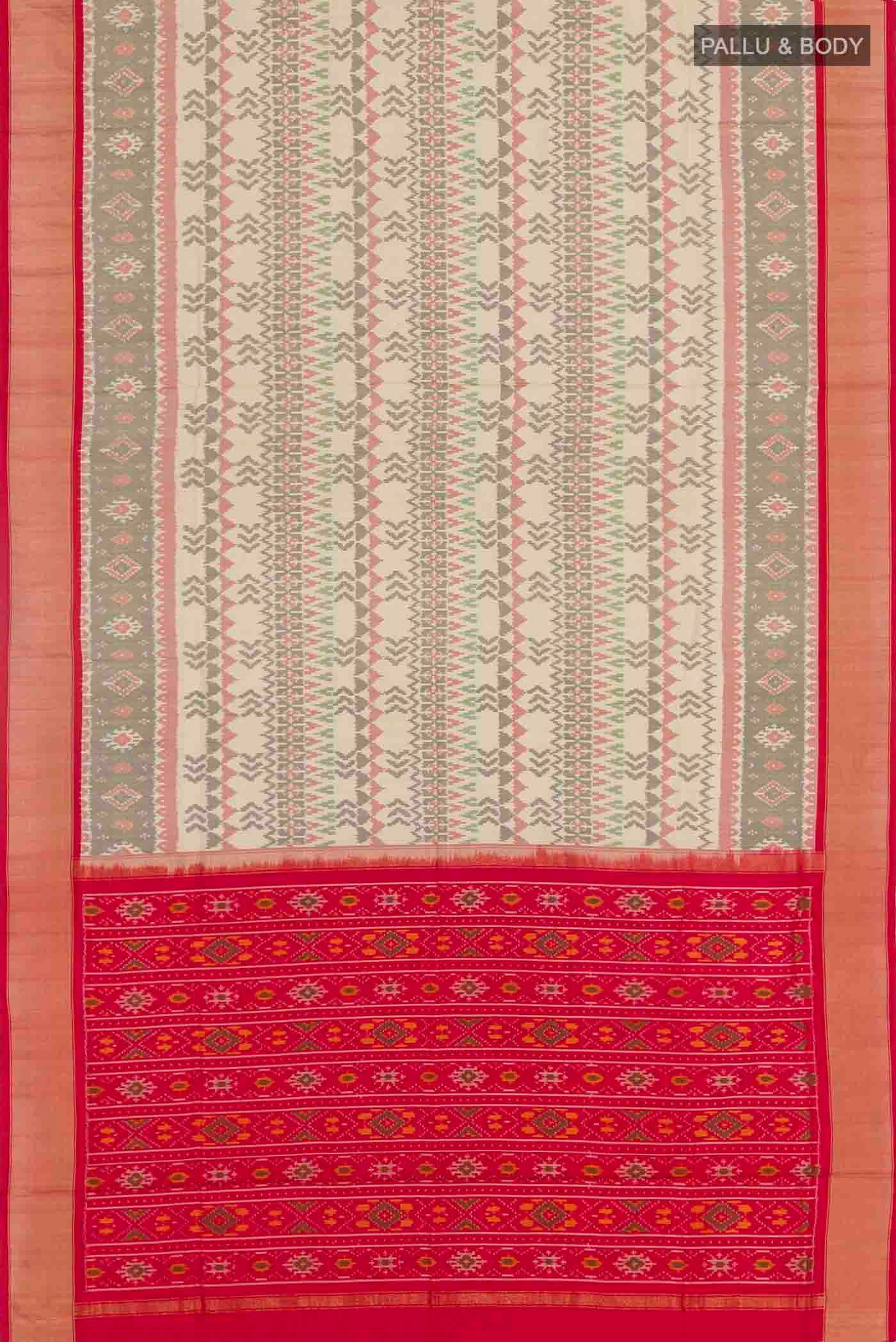 Flat view of Cream Pochampally Silk Saree with Pure Ikat on the body and Zari Border