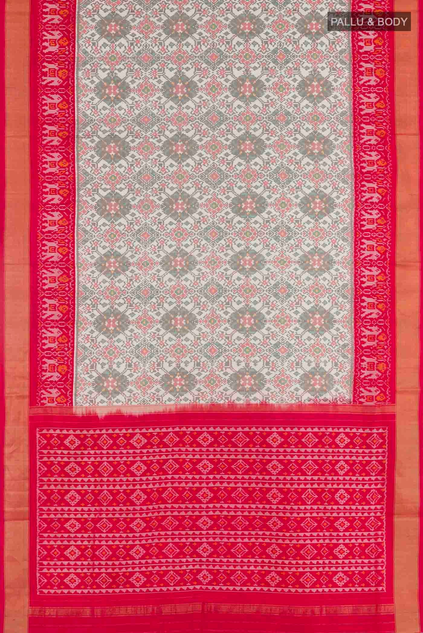 Flat view of Off White Pochampally Silk Saree with Pure Ikat on the body and Zari Border