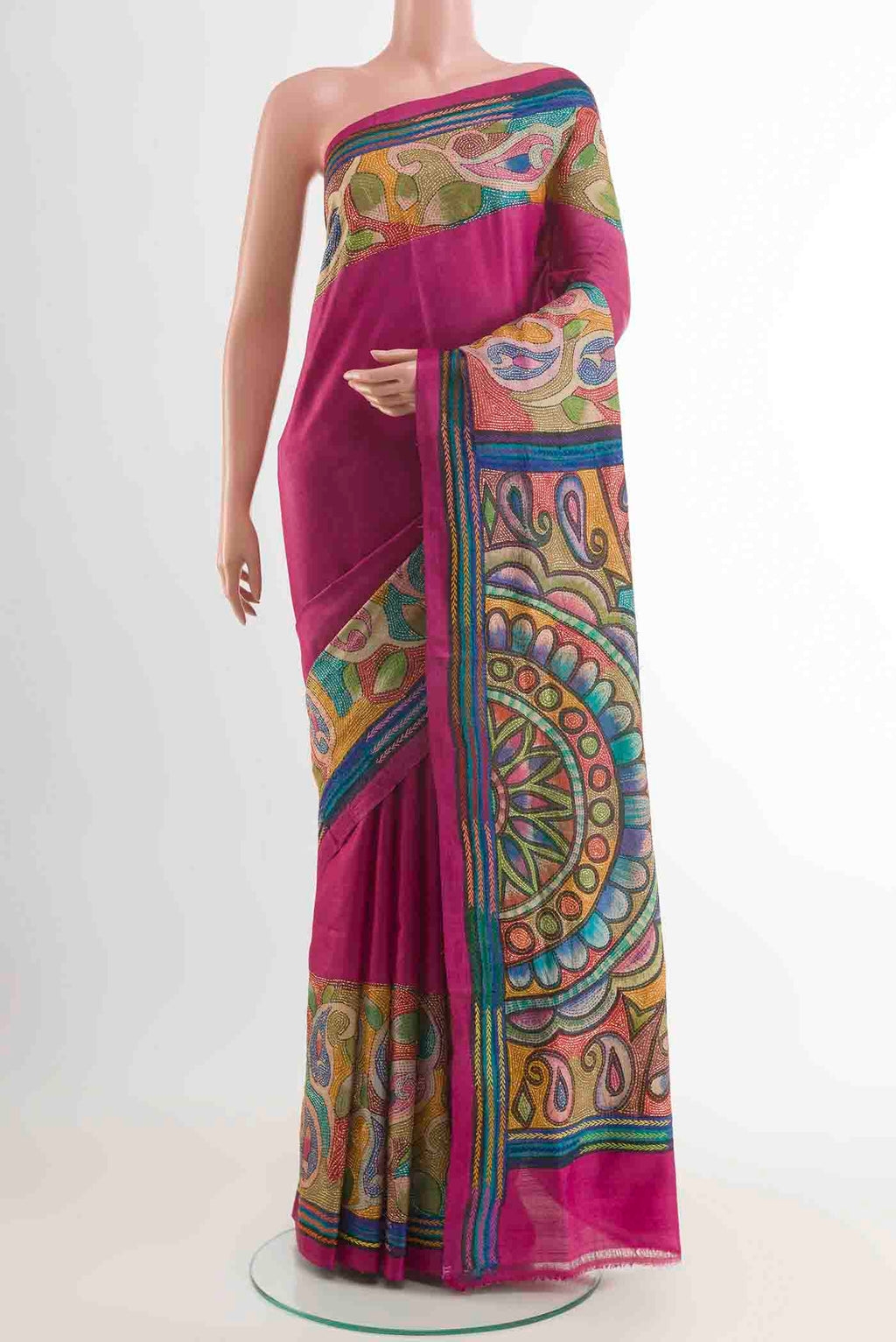 Purple Tussar Silk Saree with Kantha Work on the body and Embroidery Border displayed on a mannequin