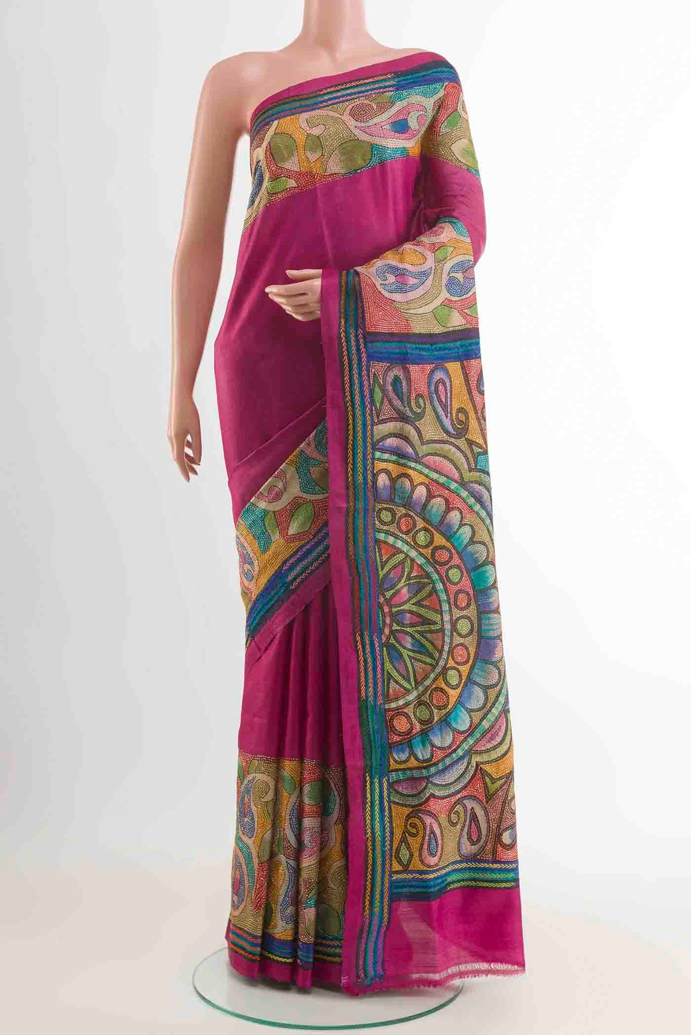 Purple Tussar Silk Saree with Kantha Work on the body and Embroidery Border displayed on a mannequin