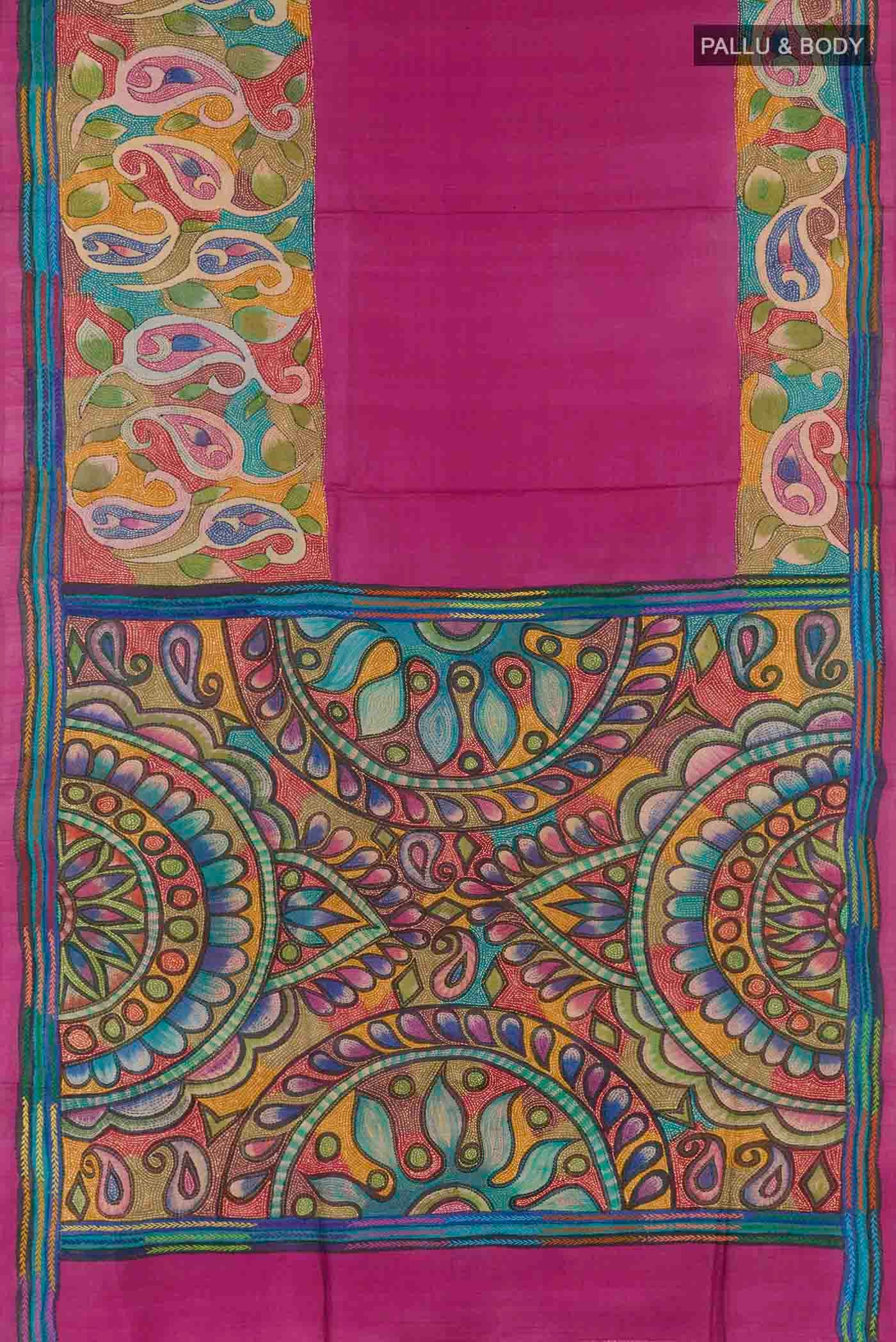 Flat view of Purple Tussar Silk Saree with Kantha Work on the body and Embroidery Border