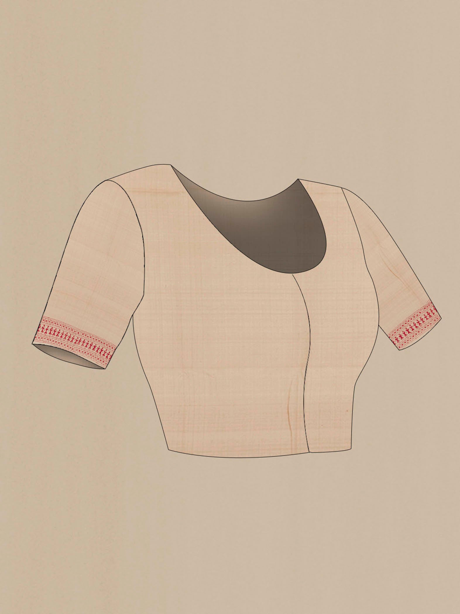 Close up image of the blouse of Beige Tussar Silk Saree with Kantha Work on the body and Embroidery Border