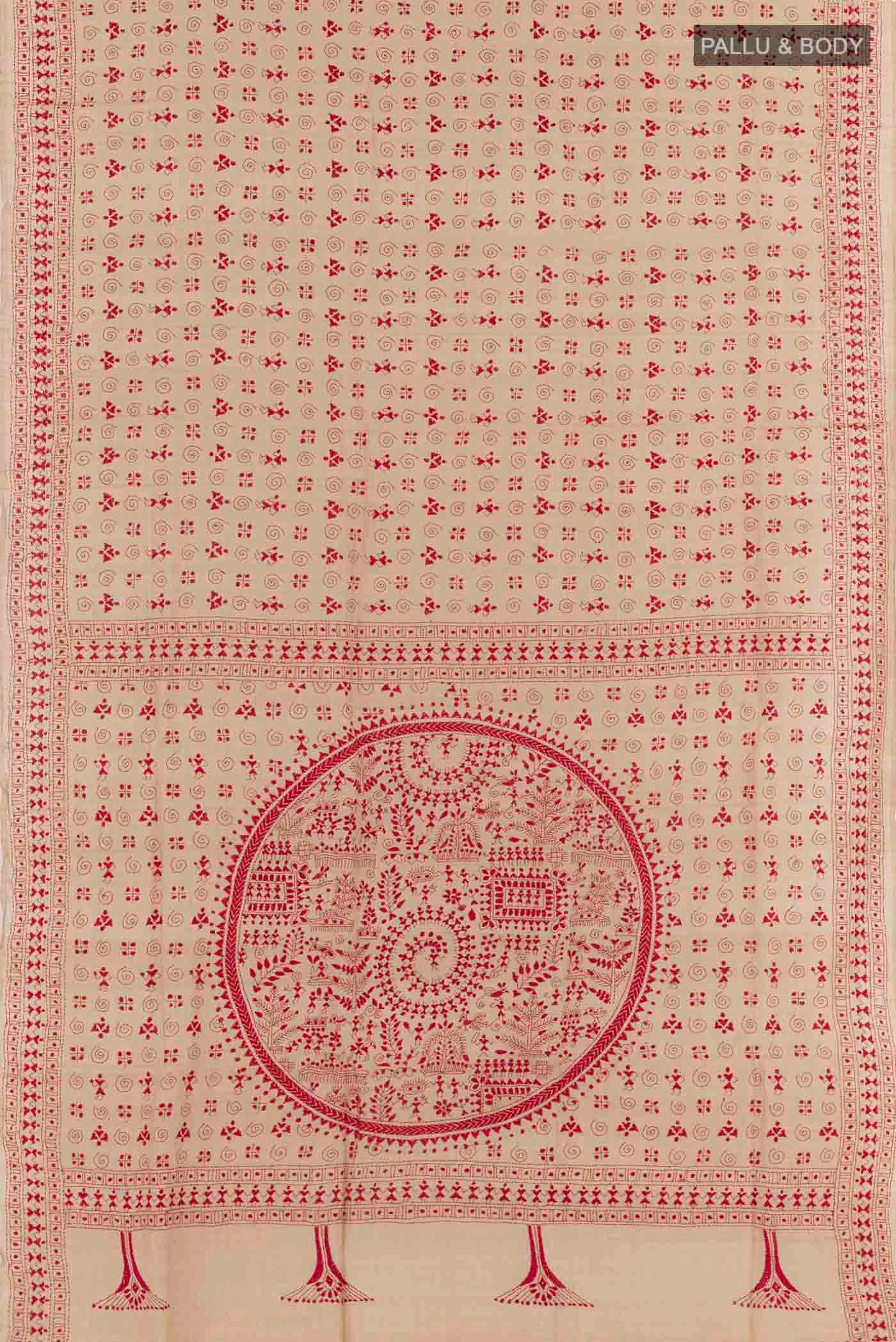 Flat view of Beige Tussar Silk Saree with Kantha Work on the body and Embroidery Border