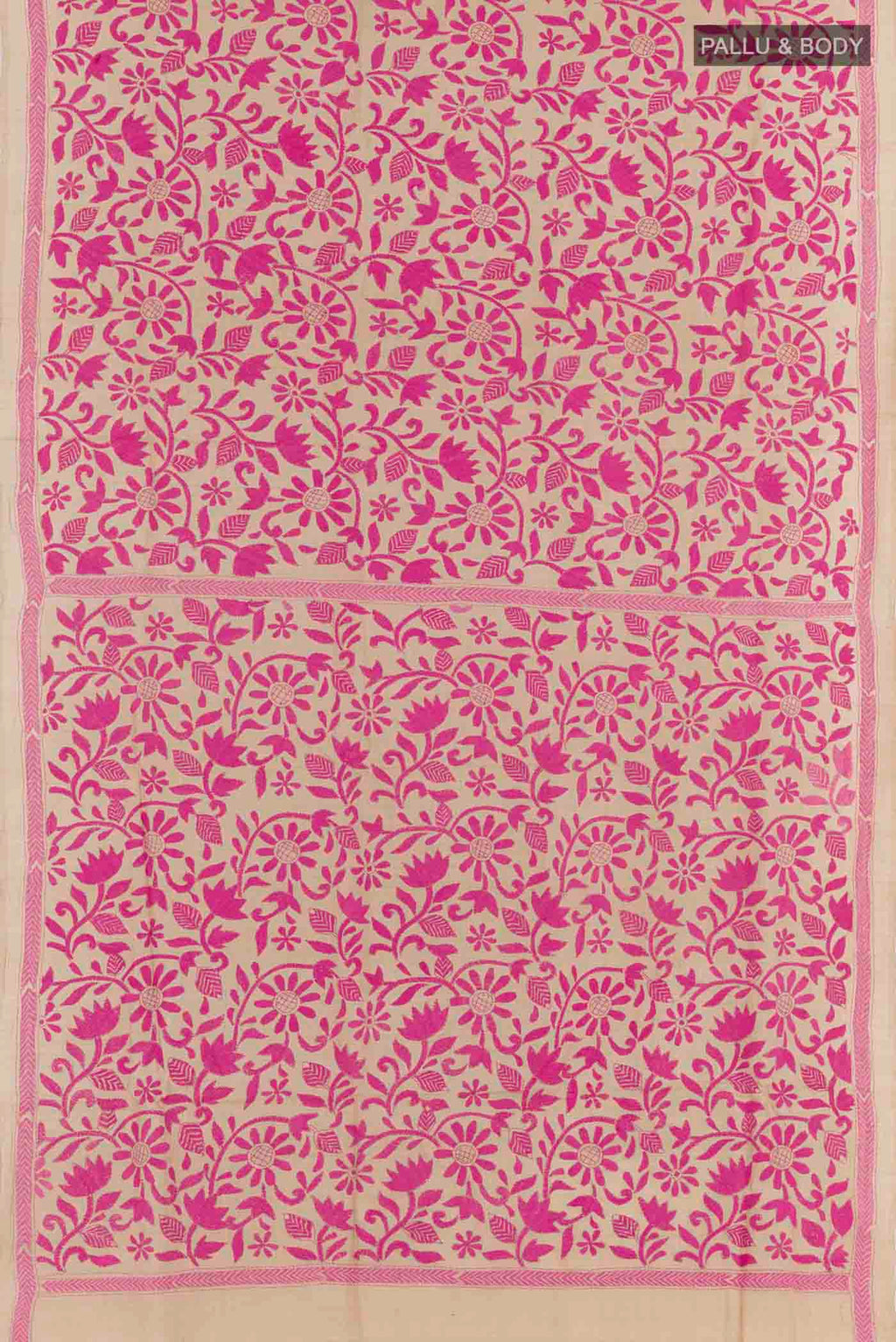 Flat view of Beige Tussar Saree with Kantha Work on the body and Embroidery Border