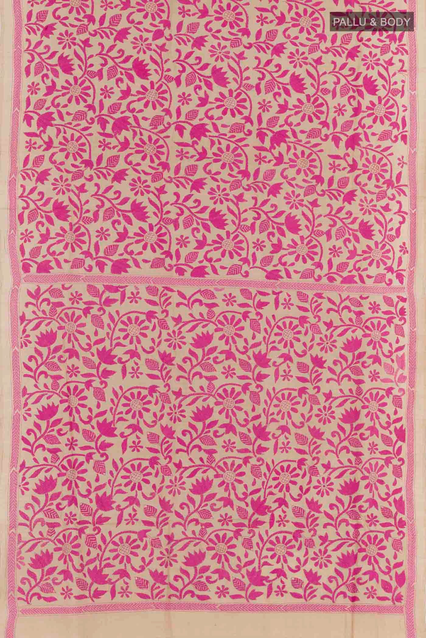 Flat view of Beige Tussar Saree with Kantha Work on the body and Embroidery Border