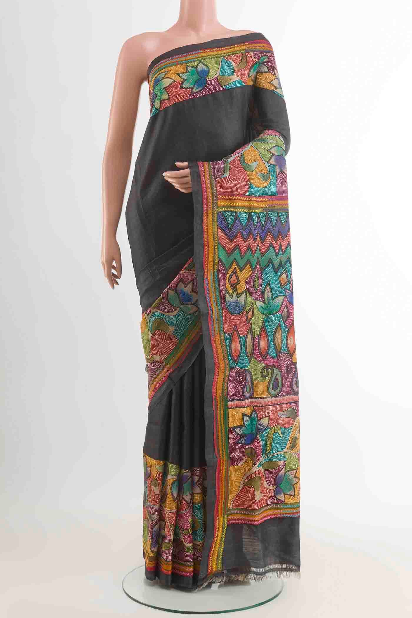Black Tussar Silk Saree with Kantha Work on the body and Embroidery Border displayed on a mannequin