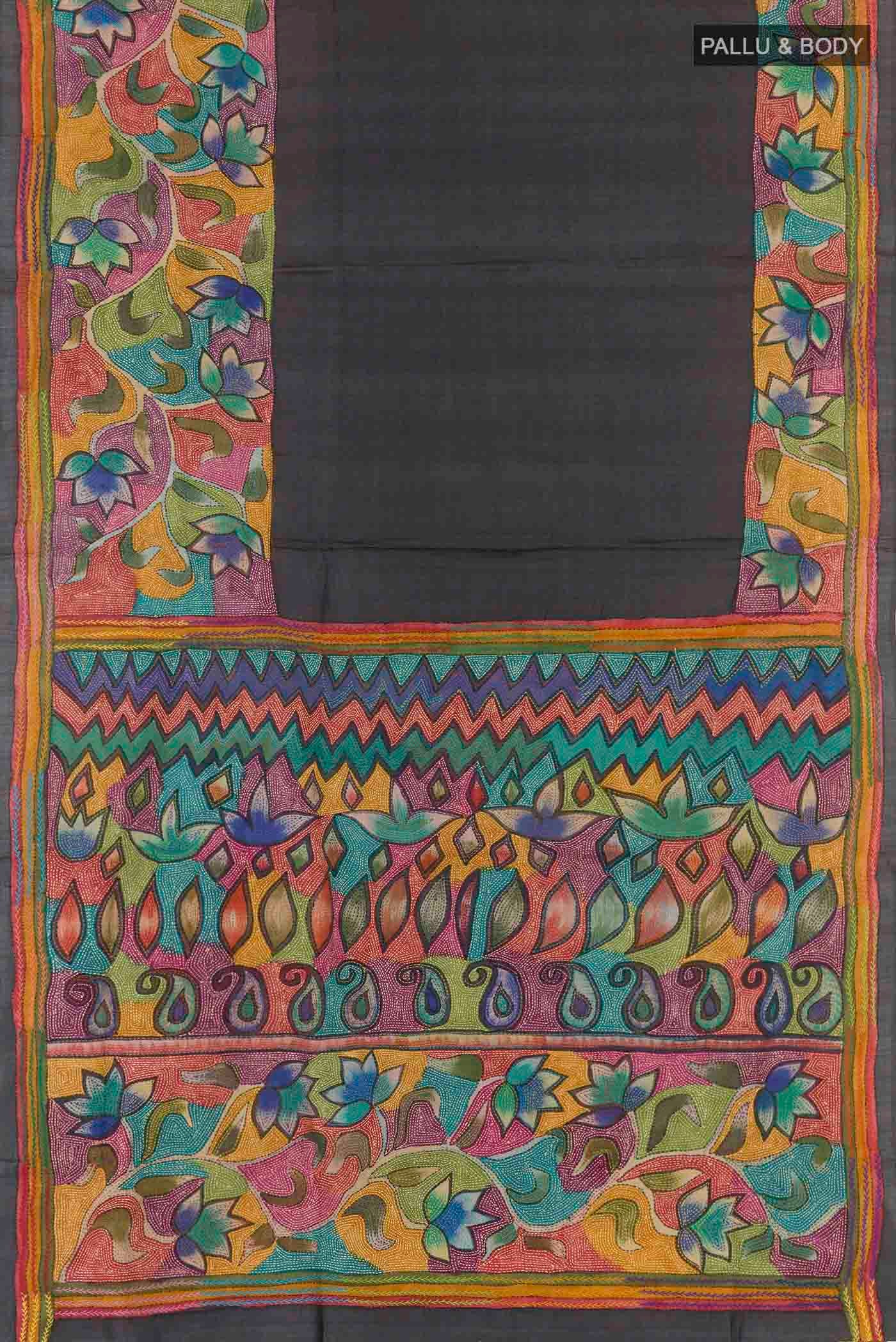 Flat view of Black Tussar Silk Saree with Kantha Work on the body and Embroidery Border