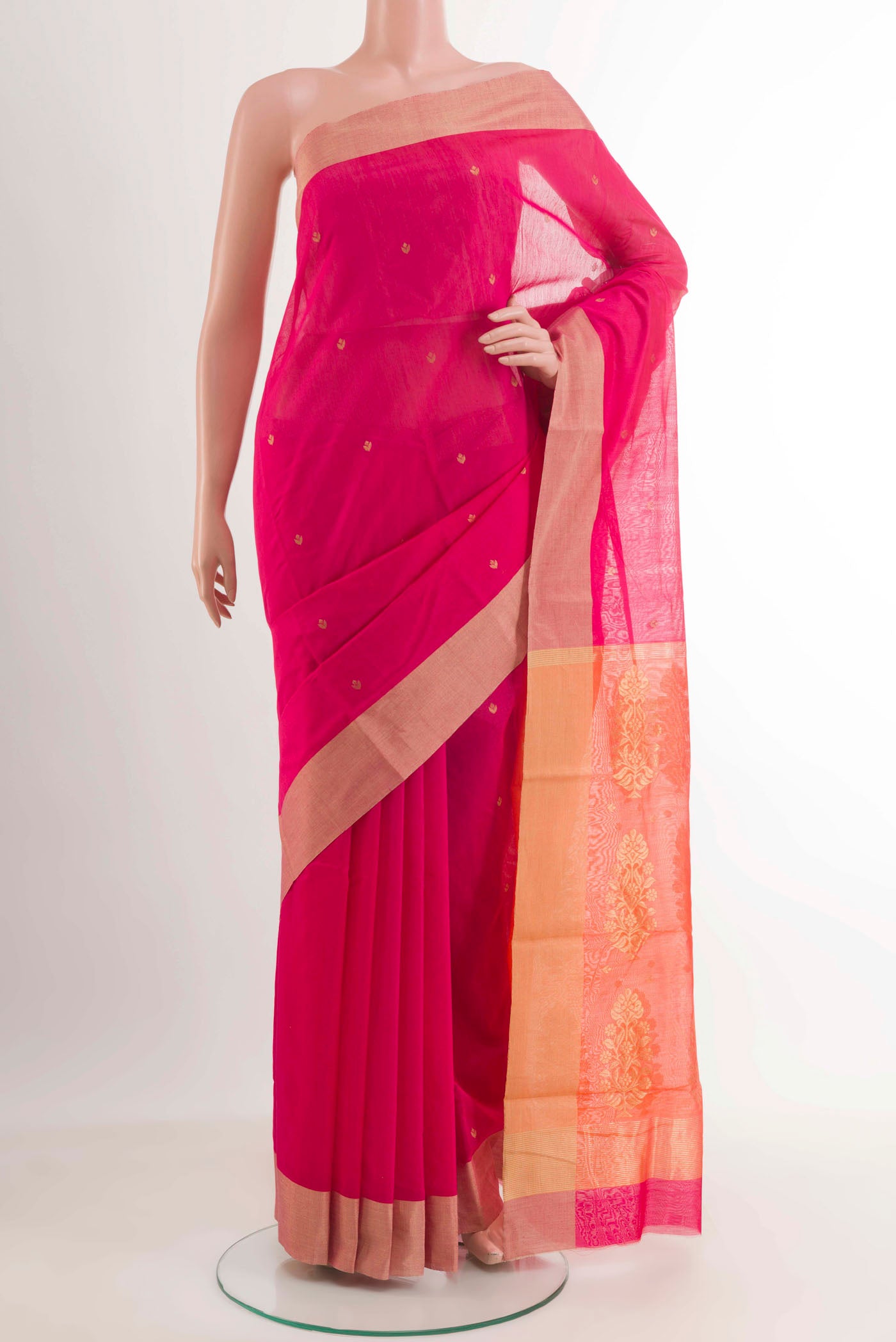 Pink Chanderi Silk Saree with Zari Butta on the body and Zari Border.  displayed on a mannequin