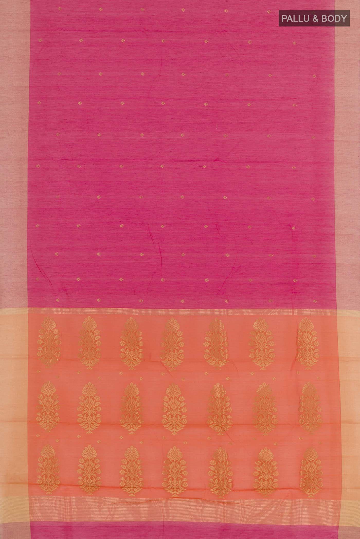 Flat view of Pink Chanderi Silk Saree with Zari Butta on the body and Zari Border. 
